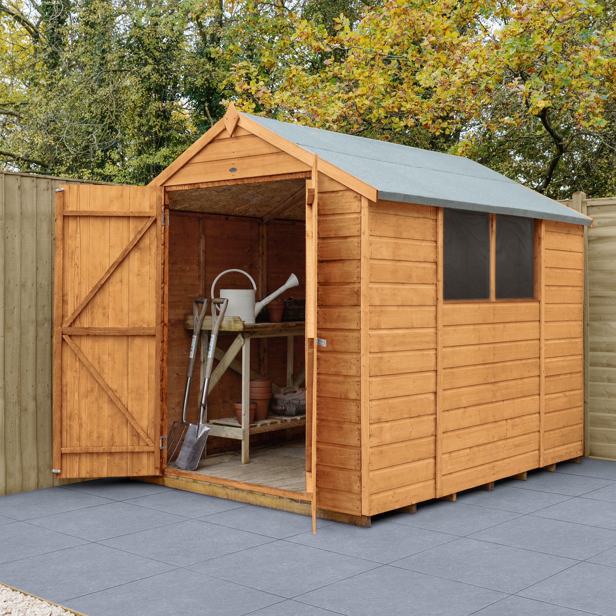 Forest Garden Shiplap 8x6 ft Apex Wooden 2 door Shed with floor & 2 windows (Base included)