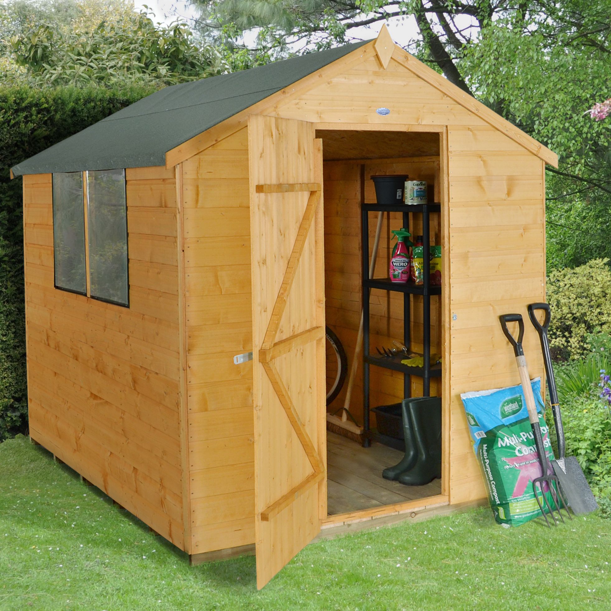 Forest Garden Shiplap 8x6 ft Apex Wooden Dip treated Shed with floor & 2 windows (Base included) - Assembly service included