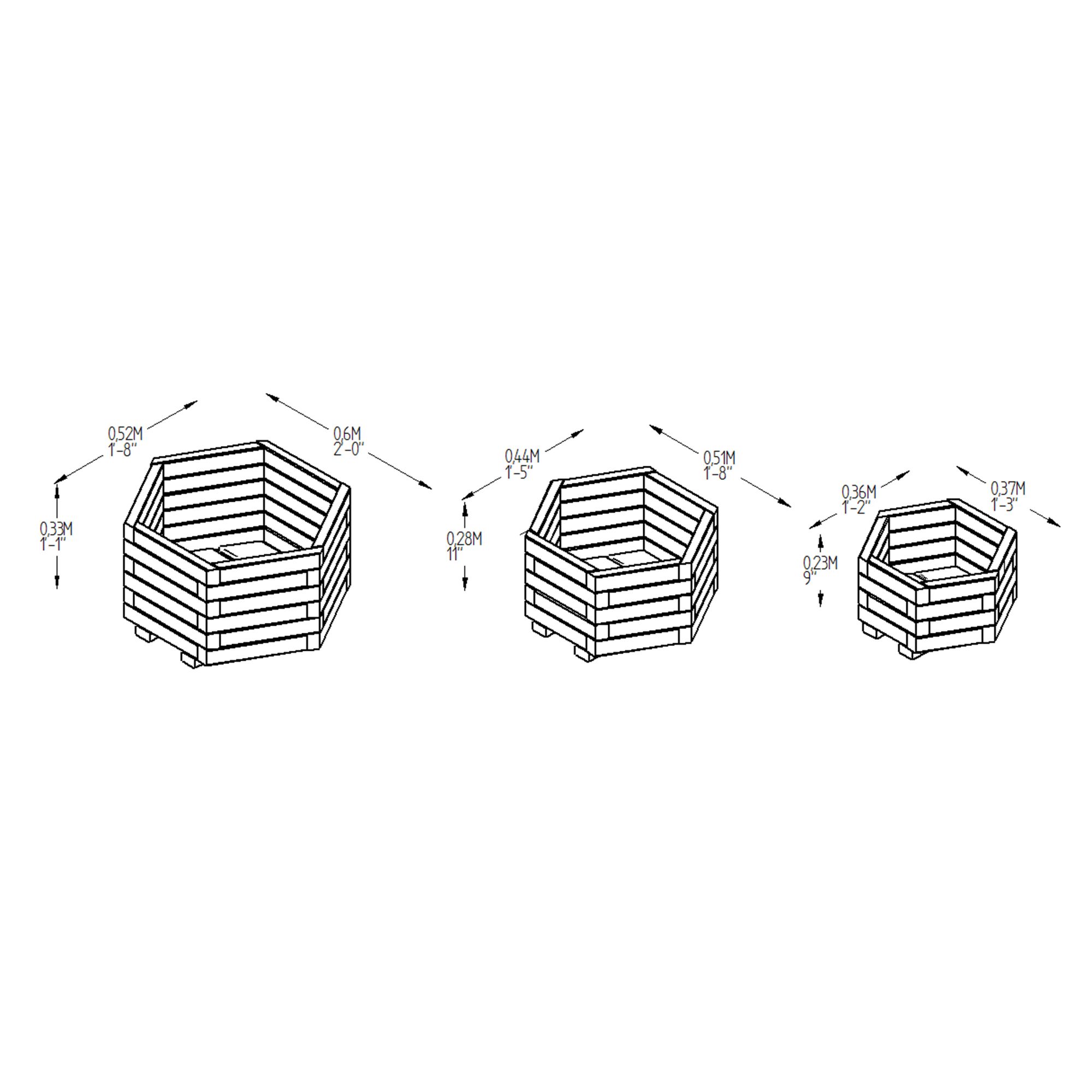 Forest Garden York Wooden Hexagonal Planter 52cm, Pack of 3