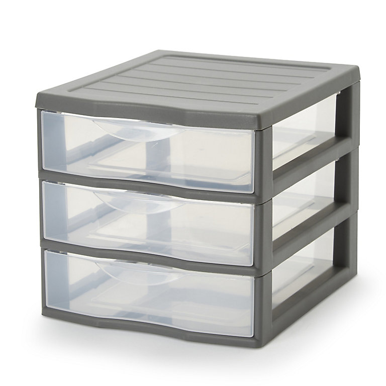 Form Kontor Clear & grey 21L 3 drawer Stackable Tower unit | DIY at B&Q