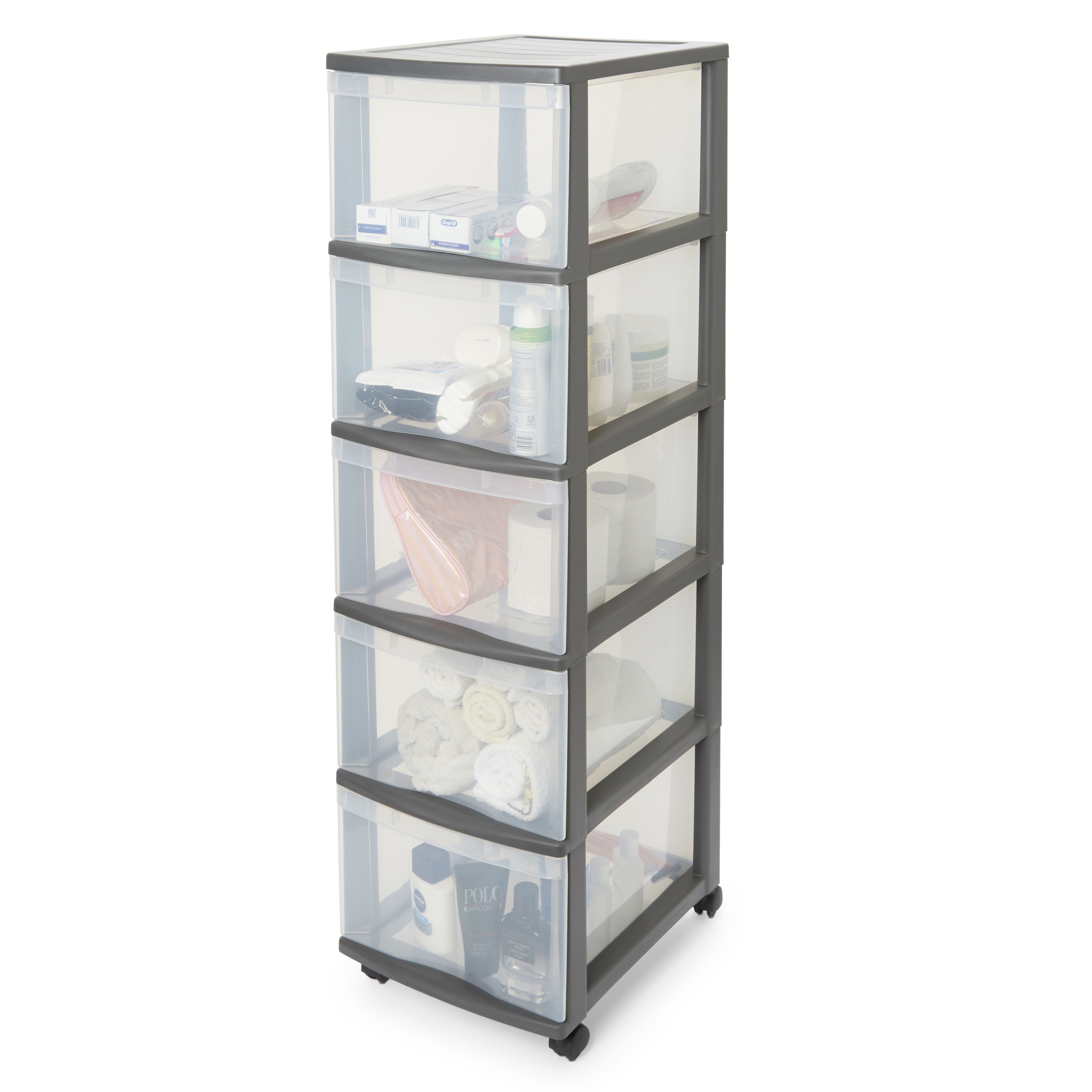 Plastic Storage Unit 5 Drawers 55 Litres Large - Silver & Clear by