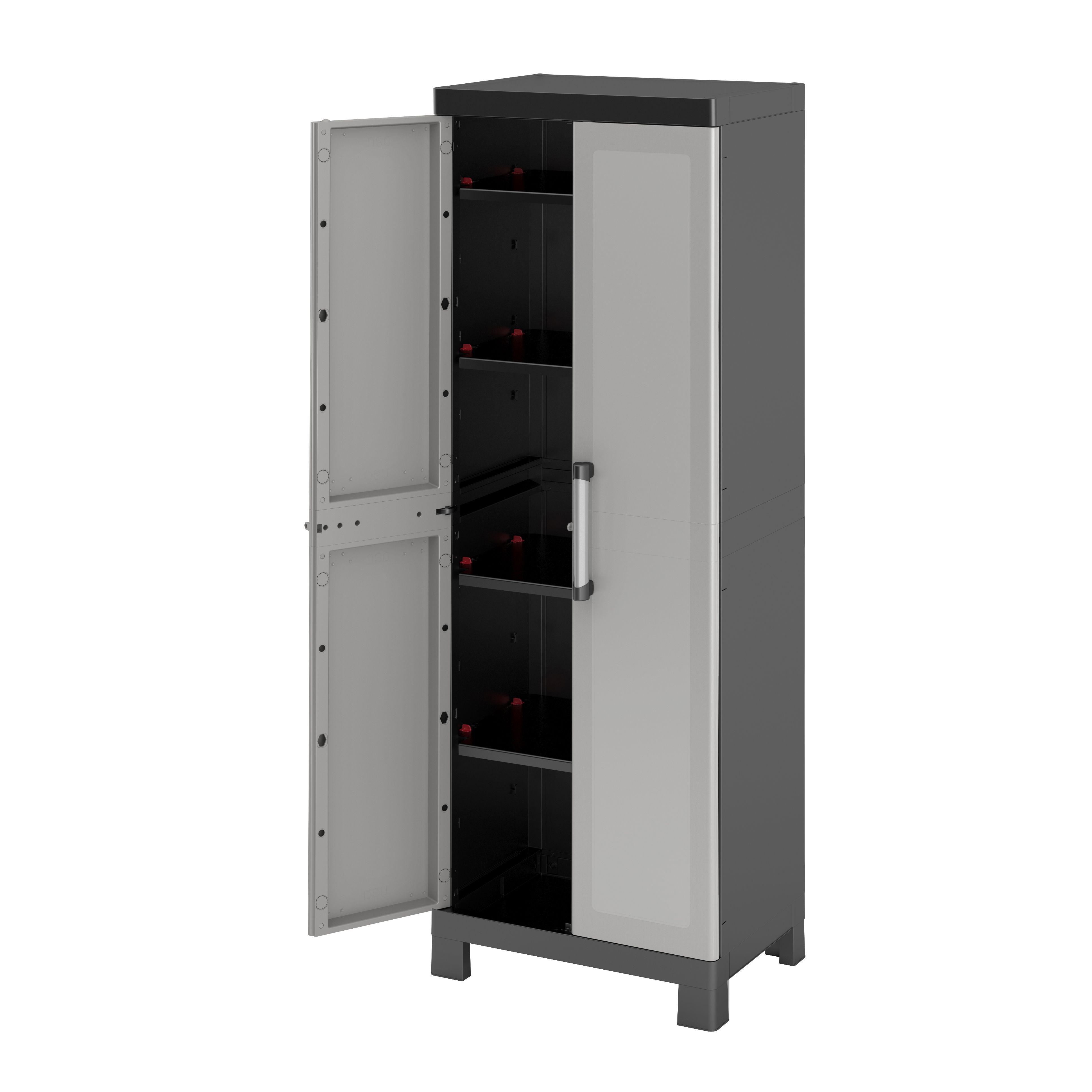 Tall black storage cabinet deals with doors