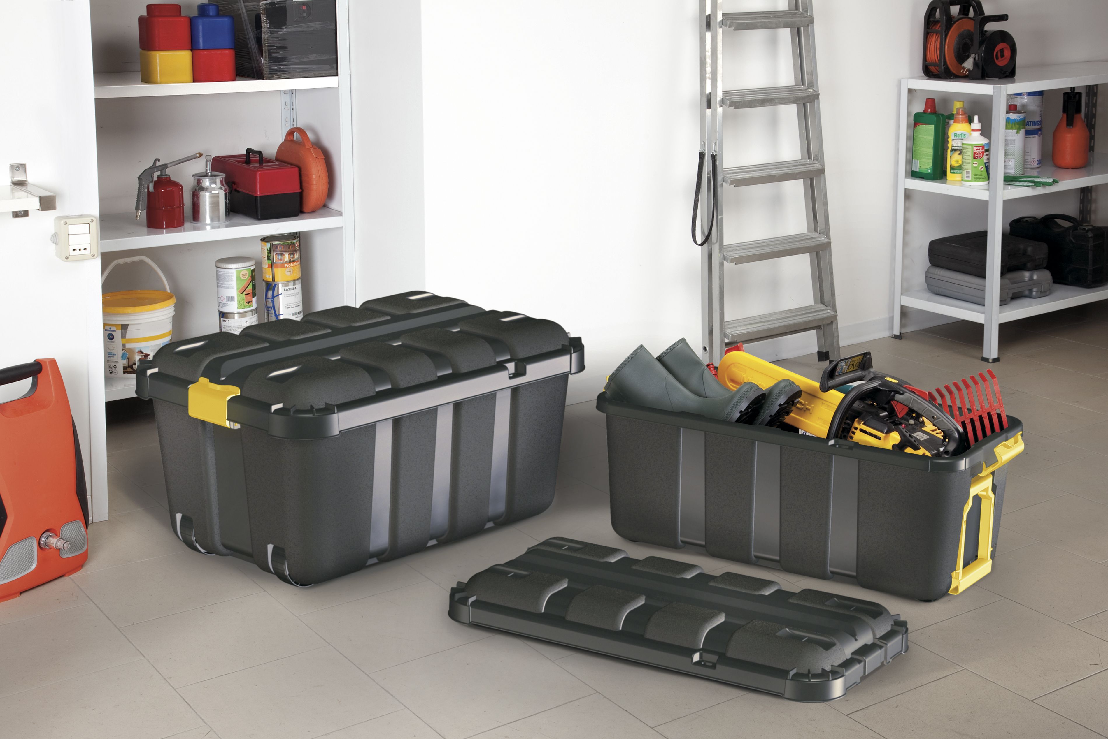 Form Skyda Heavy duty Black 68L Plastic Storage trunk & Integrated lid, Pack of 2