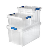 Form Xago Heavy duty Clear 51L Small, medium & XL Plastic Stackable Storage box & Lid, Pack of 3
