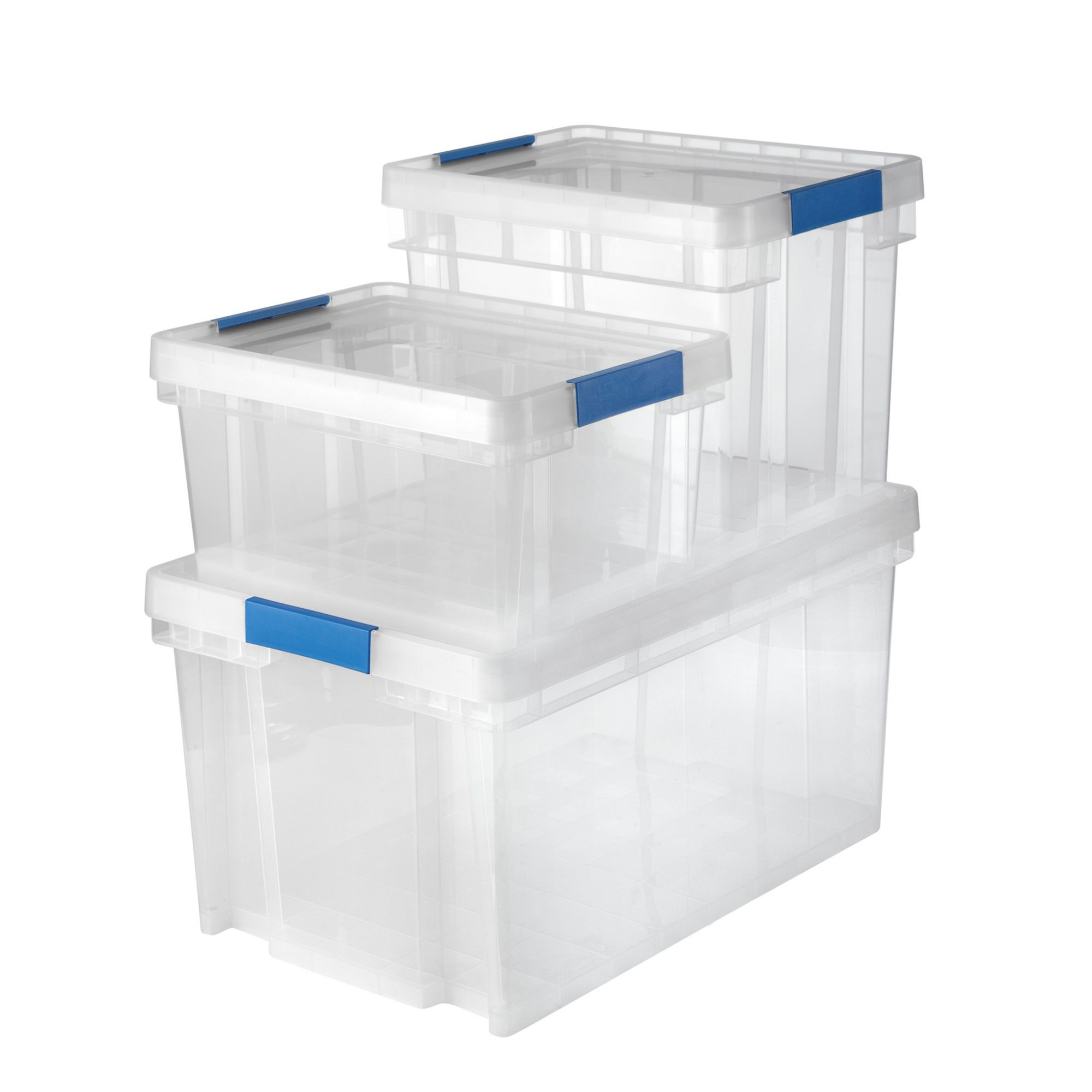 Form Xago Heavy duty Clear 51L Small, medium & XL Plastic Stackable Storage box with Lid, Pack of 3
