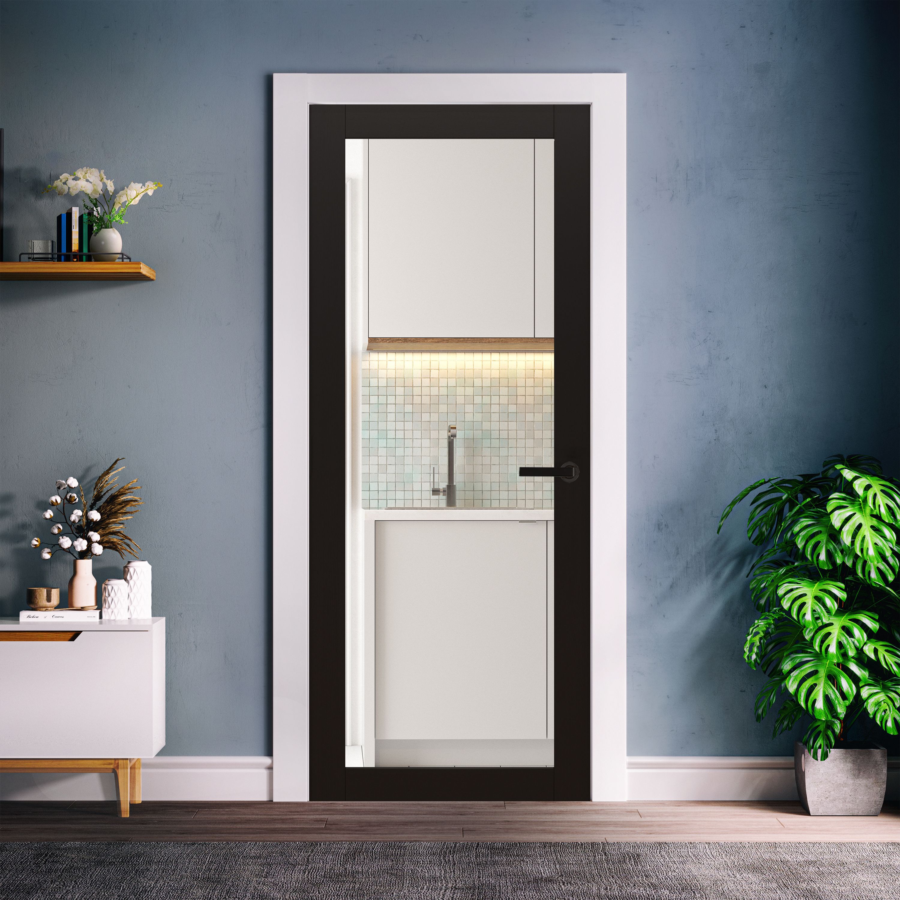 Fortia 1 Lite Shaker Clear Fully glazed Black Internal Softwood Door, (H)1981mm (W)762mm (T)35mm