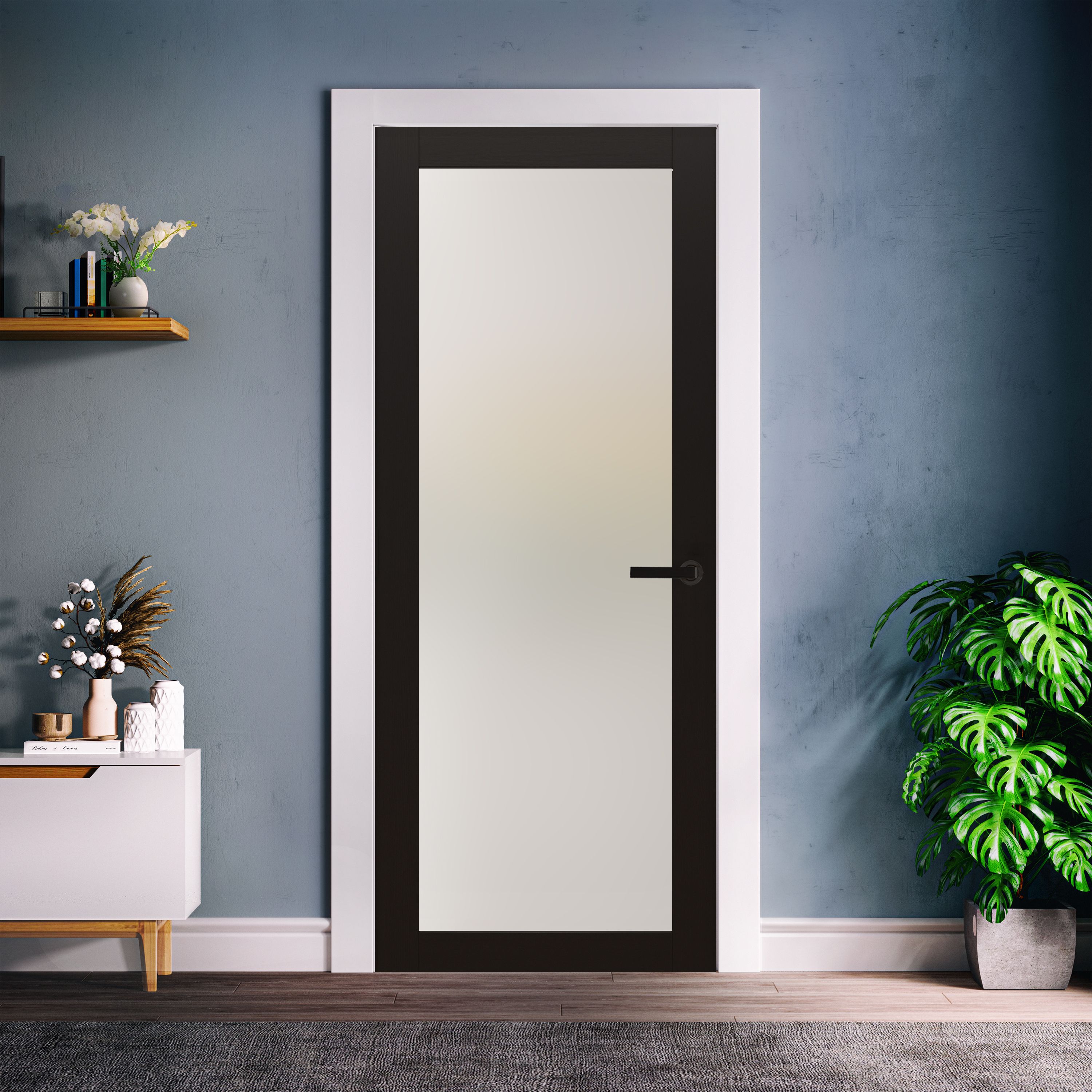 Fortia 1 Lite Shaker Frosted Fully glazed Black Internal Softwood Door, (H)1981mm (W)686mm (T)35mm