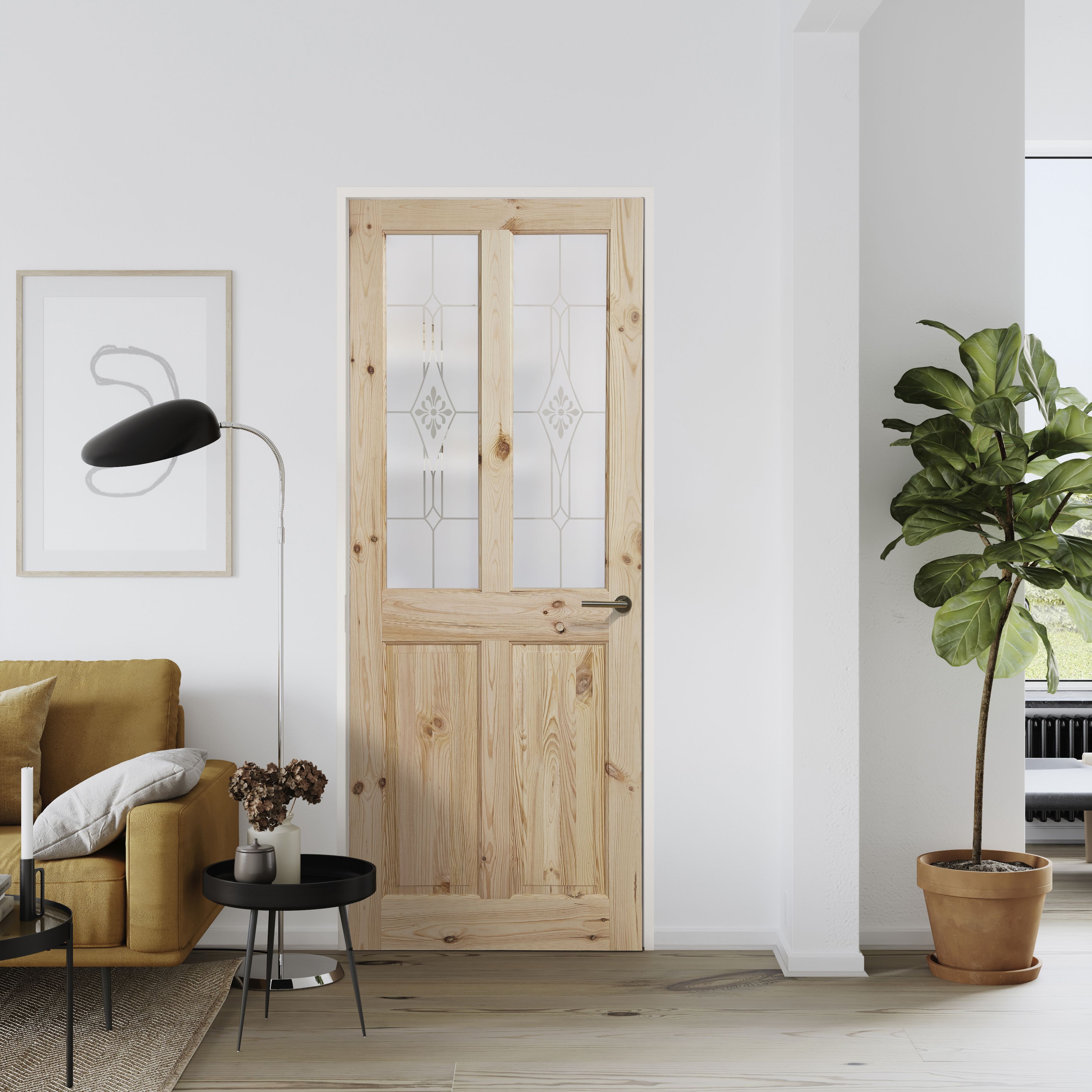 Fortia 2 panel 2 Lite Screen-printed Glazed Victorian Natural Pine veneer Internal Timber Door, (H)1981mm (W)838mm (T)35mm