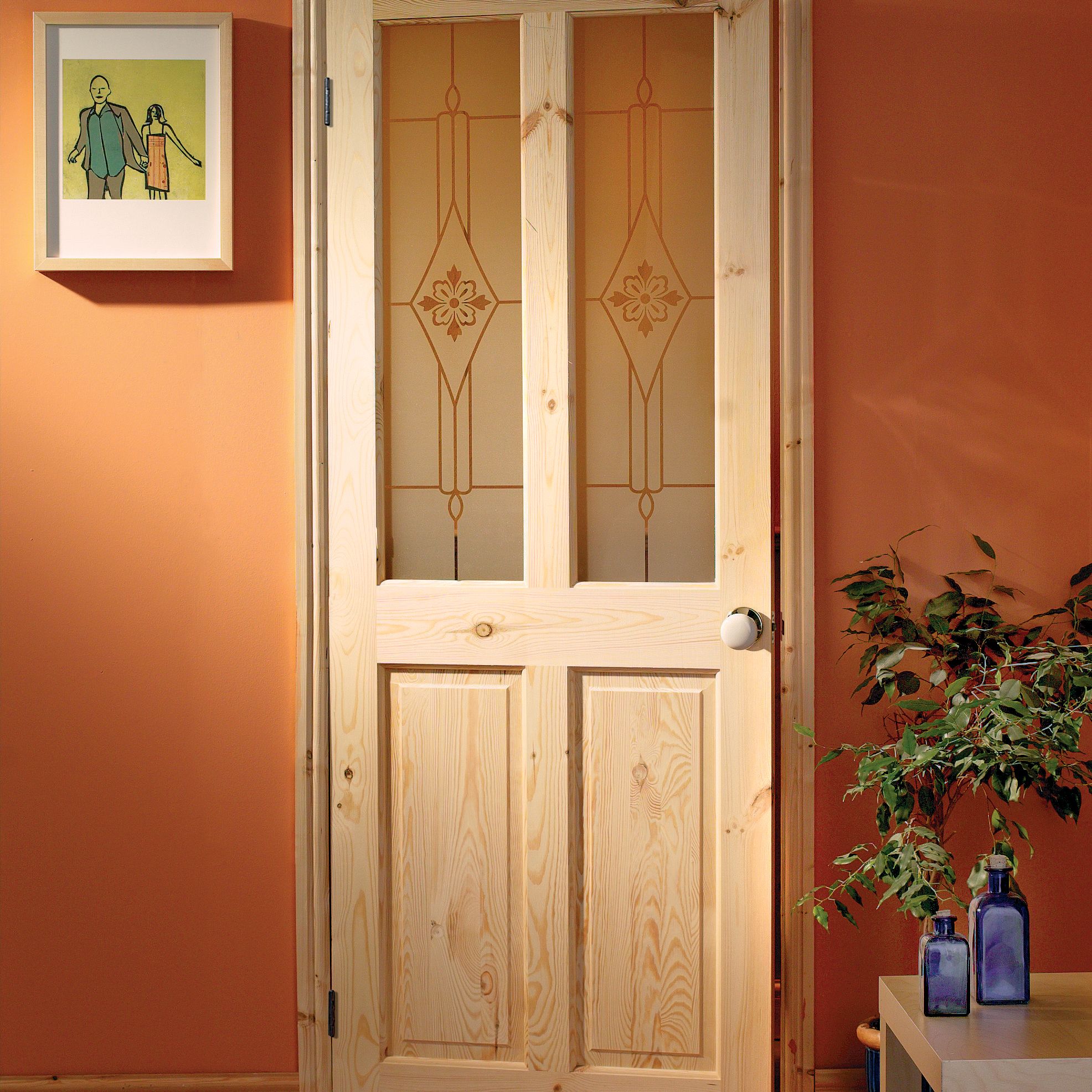 Fortia 2 panel 2 Lite Screen-printed Glazed Victorian Natural Pine veneer Internal Timber Door, (H)1981mm (W)838mm (T)35mm
