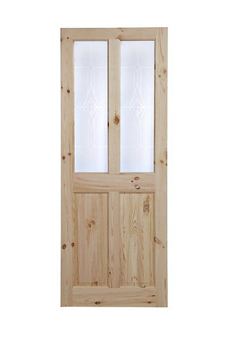 Fortia 2 panel 2 Lite Screen-printed Glazed Victorian Natural Pine veneer Internal Timber Door, (H)1981mm (W)838mm (T)35mm