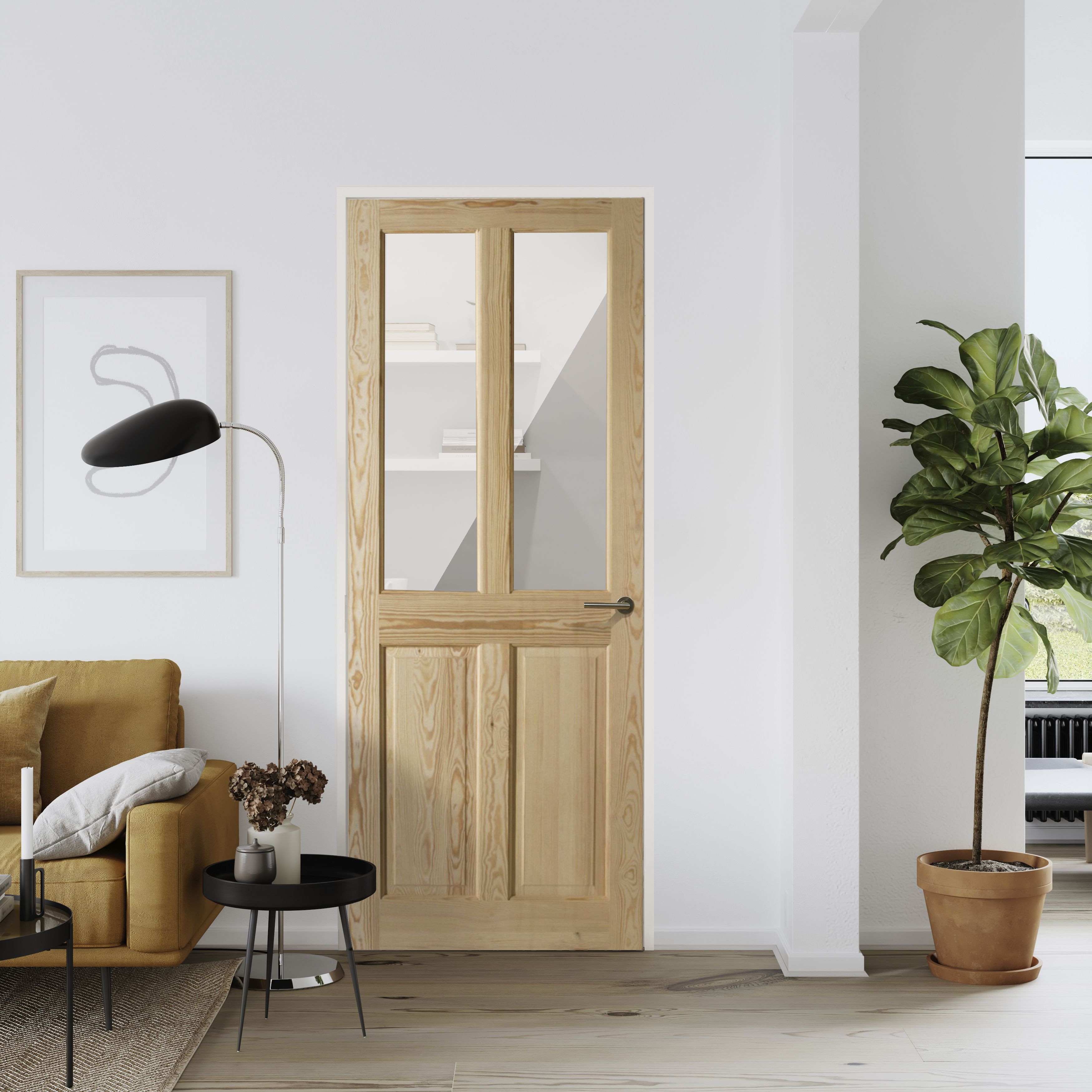 Fortia 2 panel Clear Glazed Victorian Natural Pine veneer Internal Timber Door, (H)2040mm (W)826mm (T)40mm