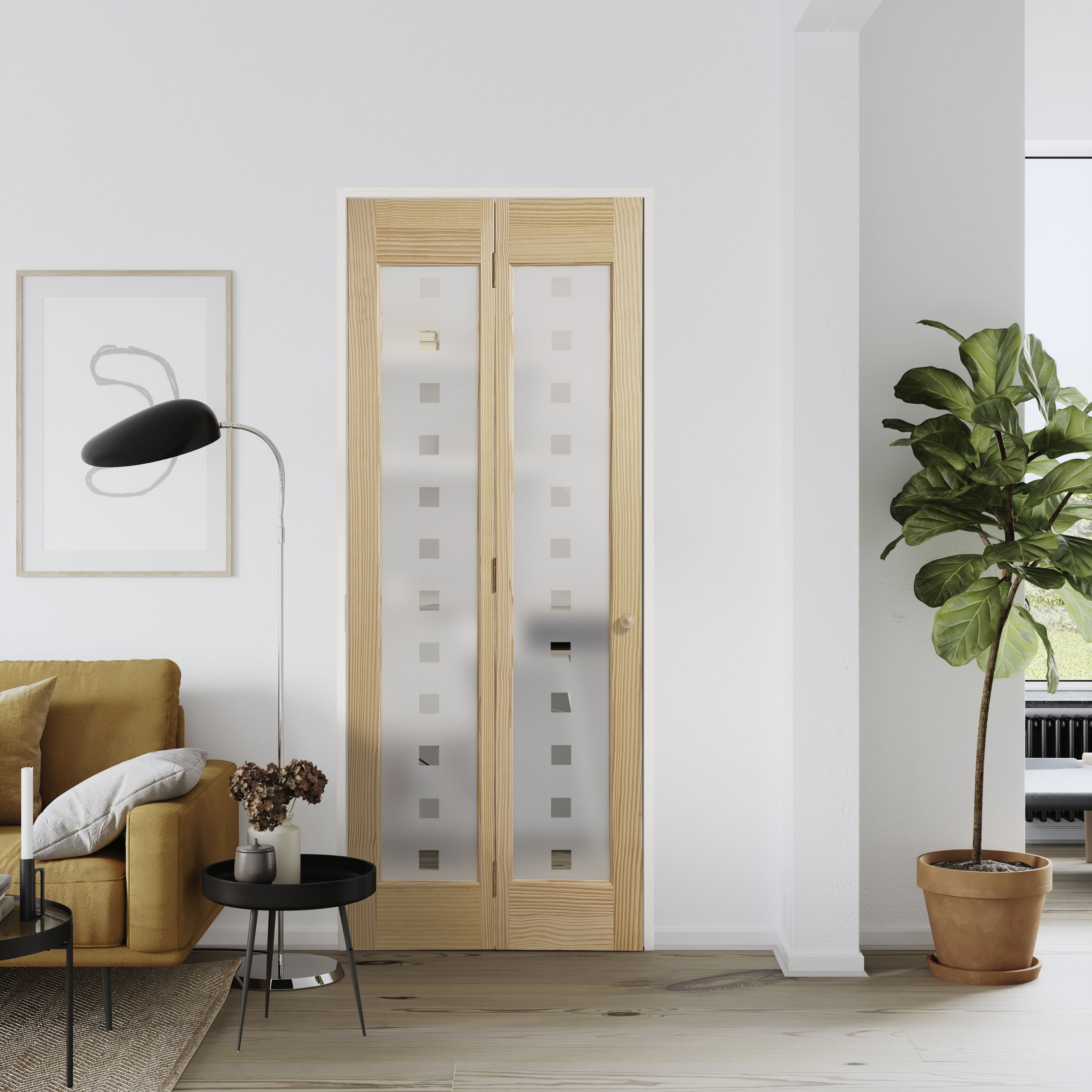 Fortia 2 panel Decorative Glazed Contemporary Unfinished Clear pine Internal Bi-fold Door set, (H)1946mm (W)750mm