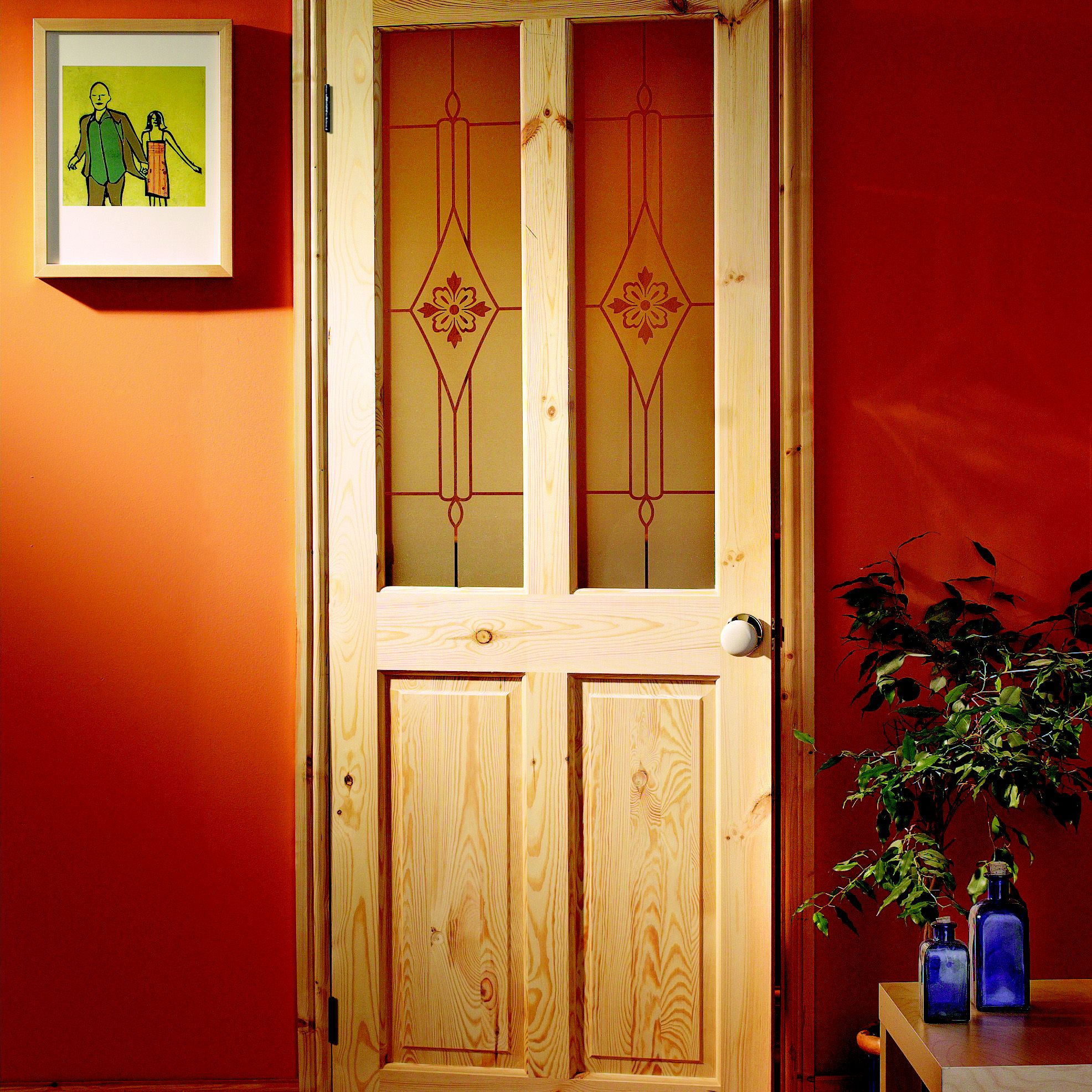 Fortia 2 panel Screen-printed Glazed Victorian Natural Pine veneer Internal Timber Door, (H)1981mm (W)762mm (T)35mm