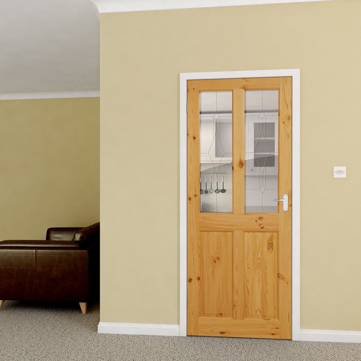 Fortia 2 panel Screen-printed Glazed Victorian Natural Pine veneer Internal Timber Door, (H)2040mm (W)826mm (T)40mm