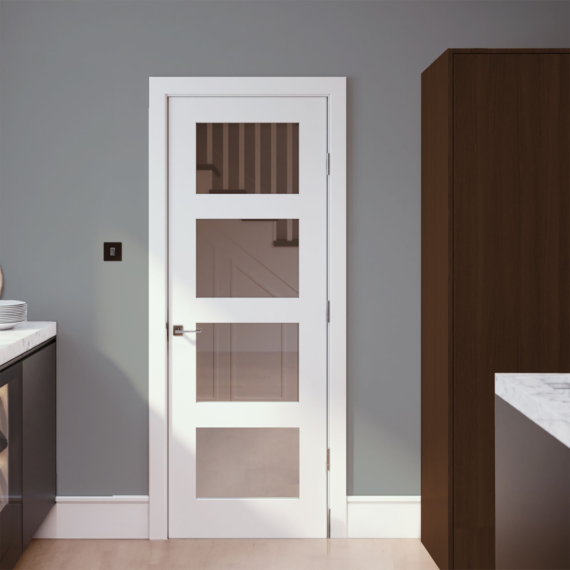 Fortia 4 Lite Clear Glazed Shaker White Pine veneer Internal Pine Door, (H)1981mm (W)762mm (T)35mm
