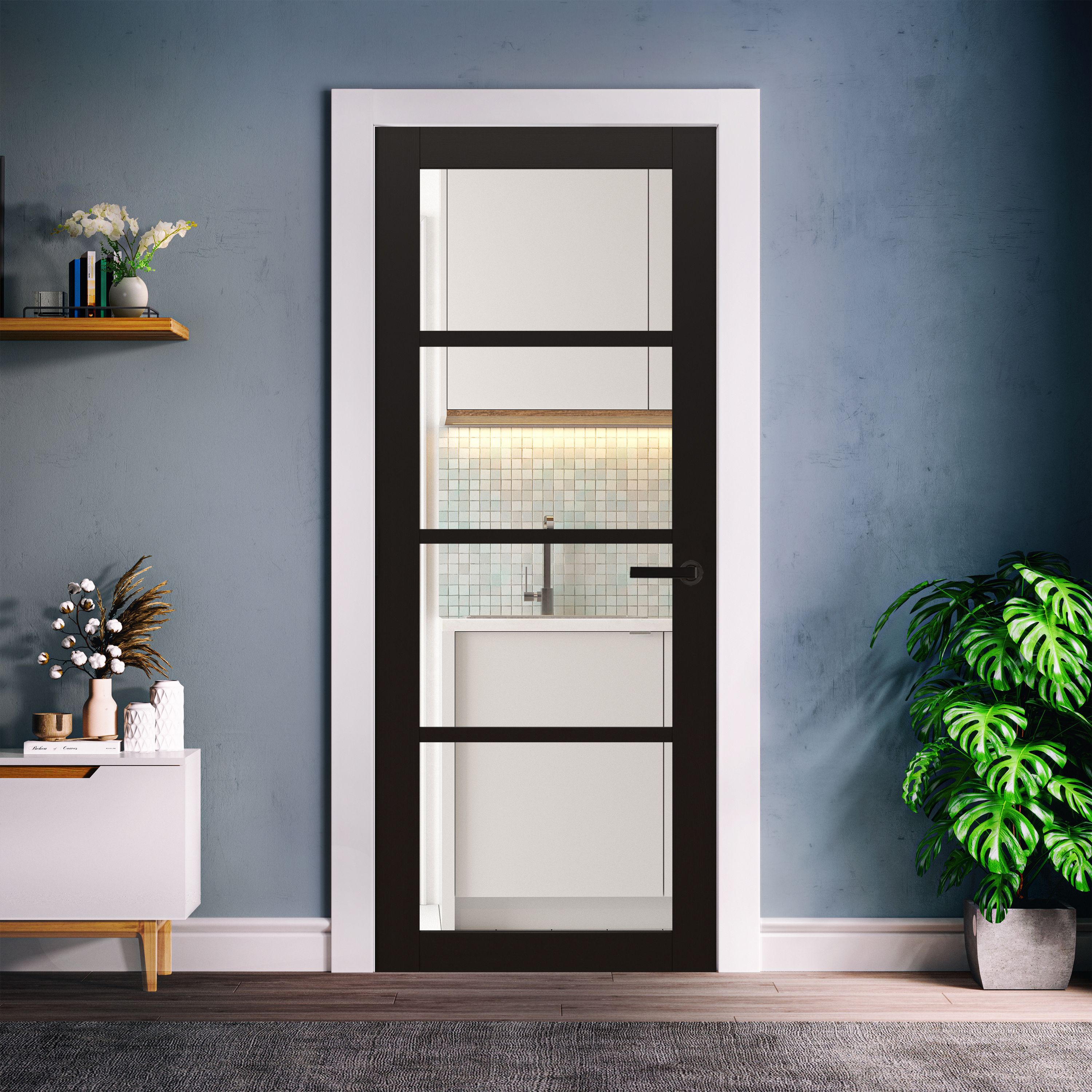 Fortia 4 Lite Shaker Clear Fully glazed Black Internal Softwood Door, (H)1981mm (W)762mm (T)35mm
