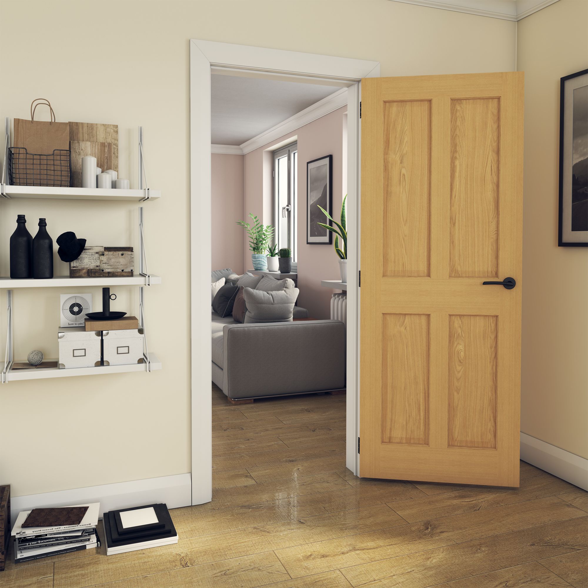 Fortia 4 panel Traditional Oak veneer Internal Oak Door, (H)1981mm (W)762mm (T)35mm