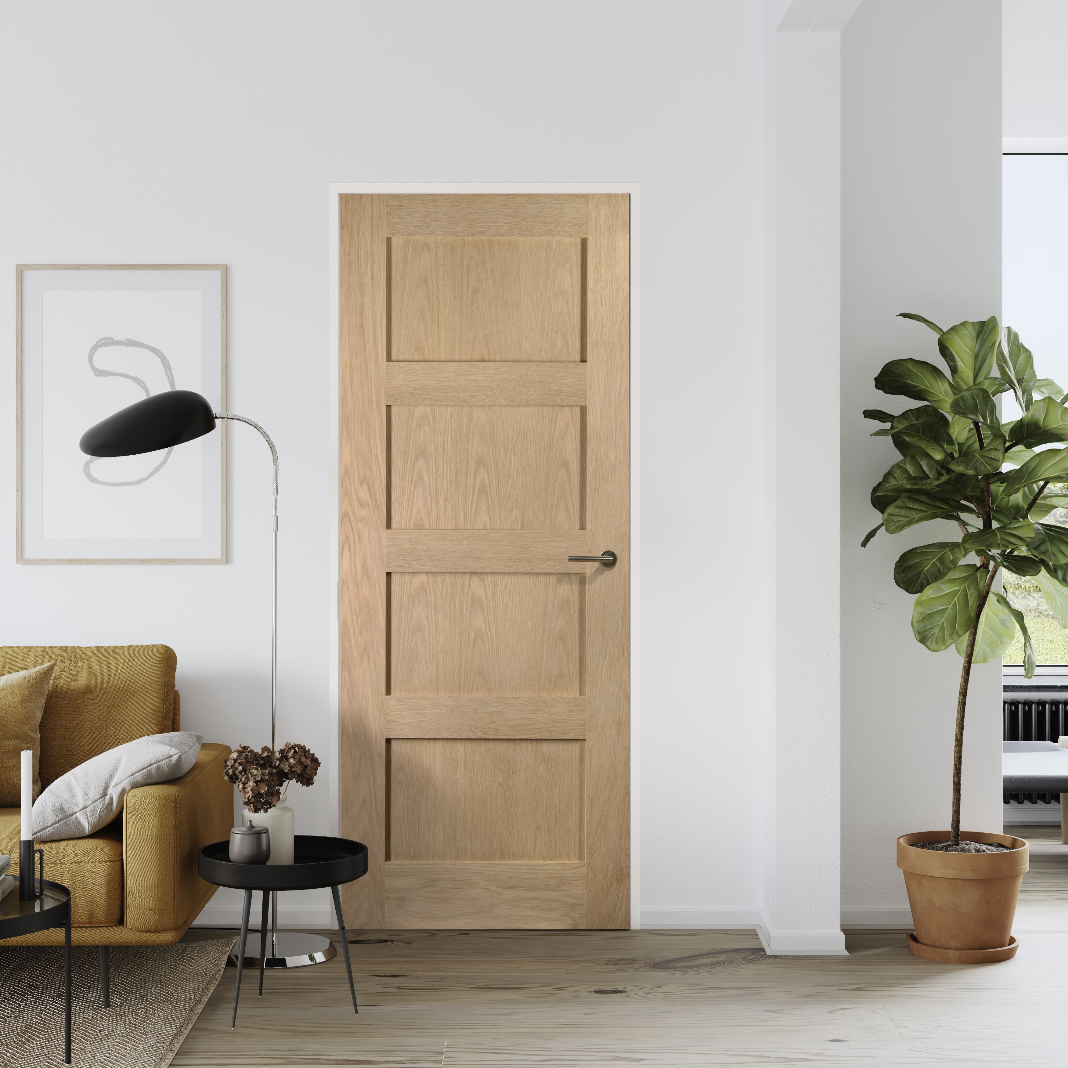Fortia 4 panel Unglazed Shaker Natural White oak veneer Internal Timber Fire door, (H)1981mm (W)686mm (T)44mm
