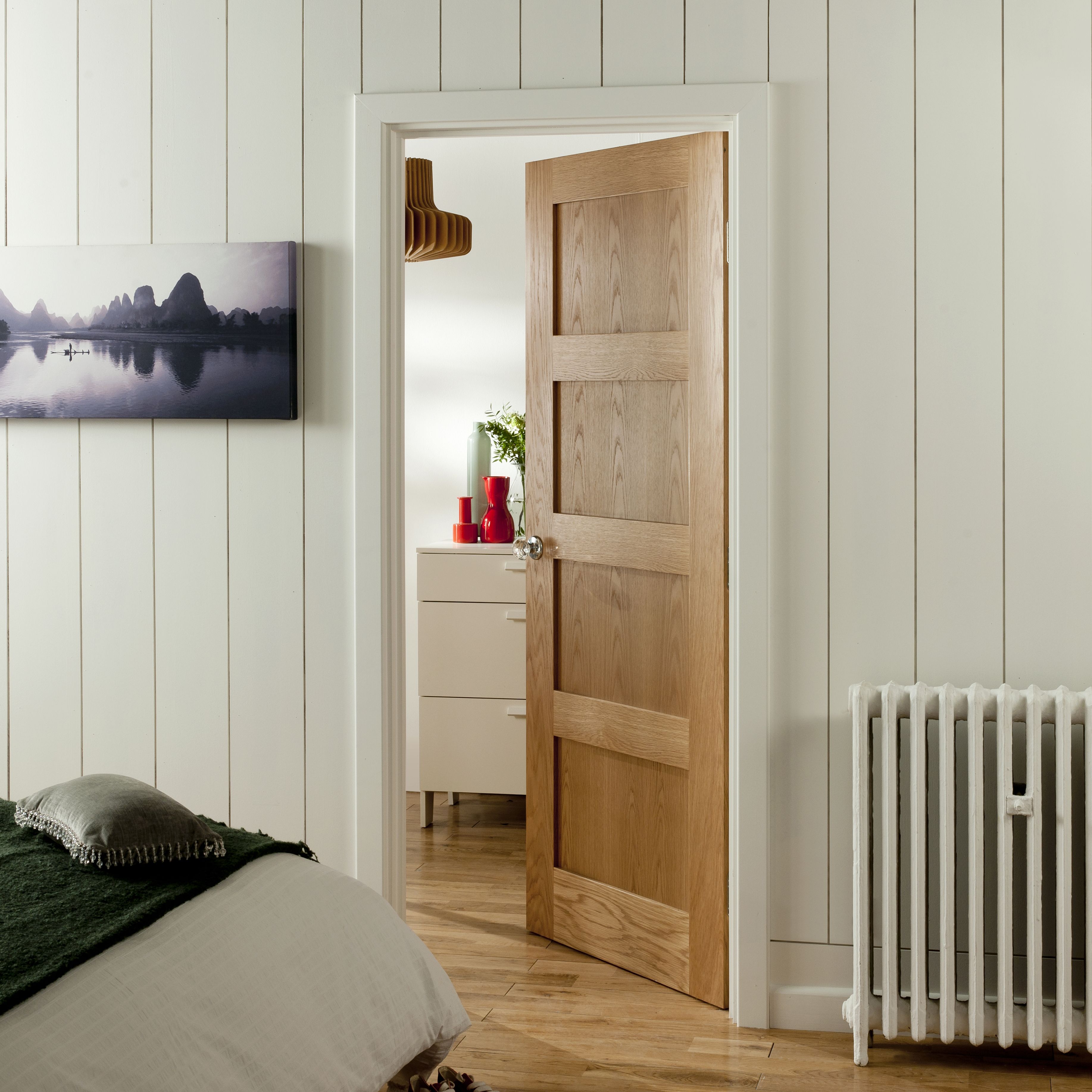 Fortia 4 panel Unglazed Shaker Natural White oak veneer Internal Timber Fire door, (H)1981mm (W)686mm (T)44mm