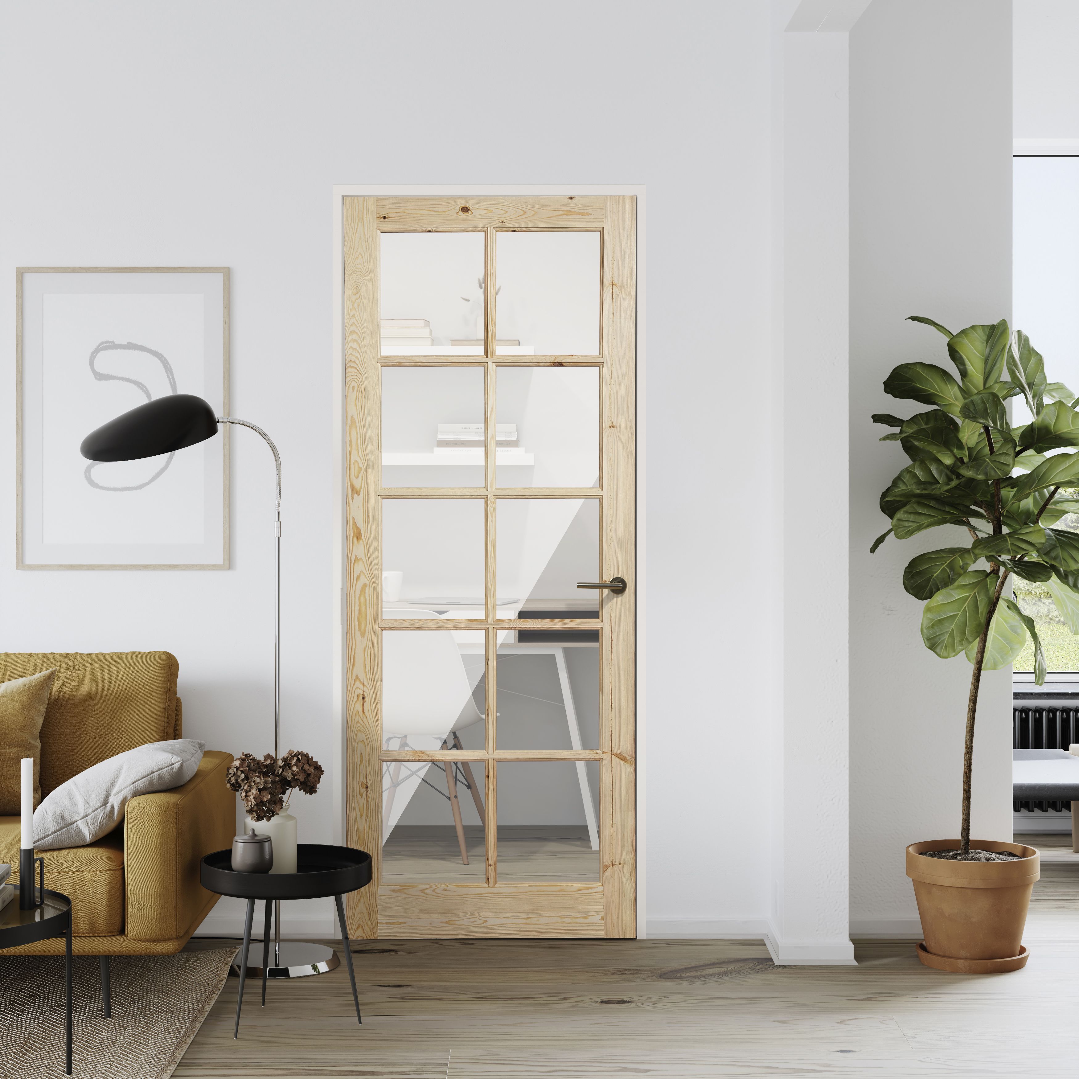 Fortia Clear Glazed Traditional Natural Pine veneer Internal Timber Door, (H)1981mm (W)686mm (T)35mm