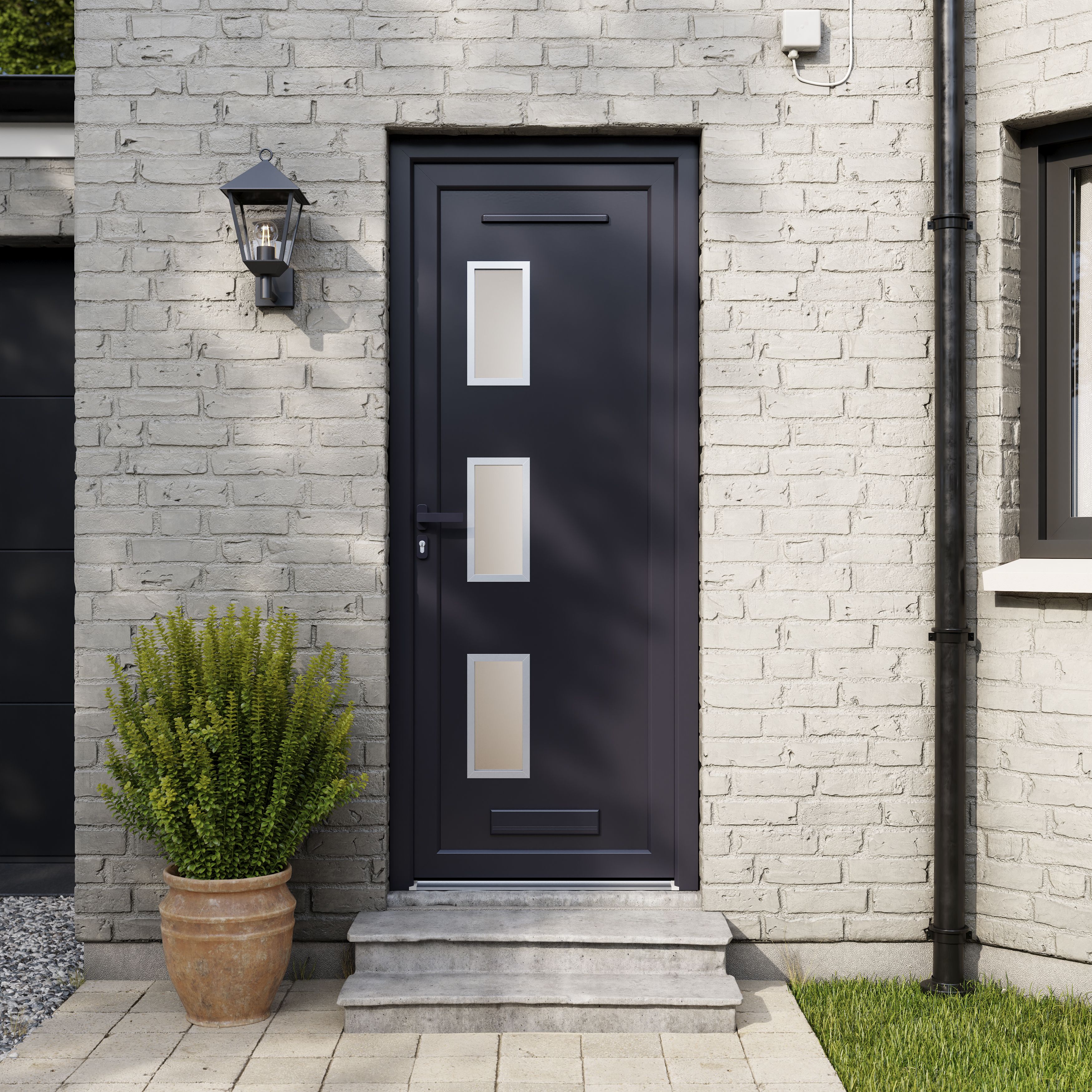 Fortia Kilifi Frosted Glazed Antracite RH External Front Door set, (H)2085mm (W)920mm