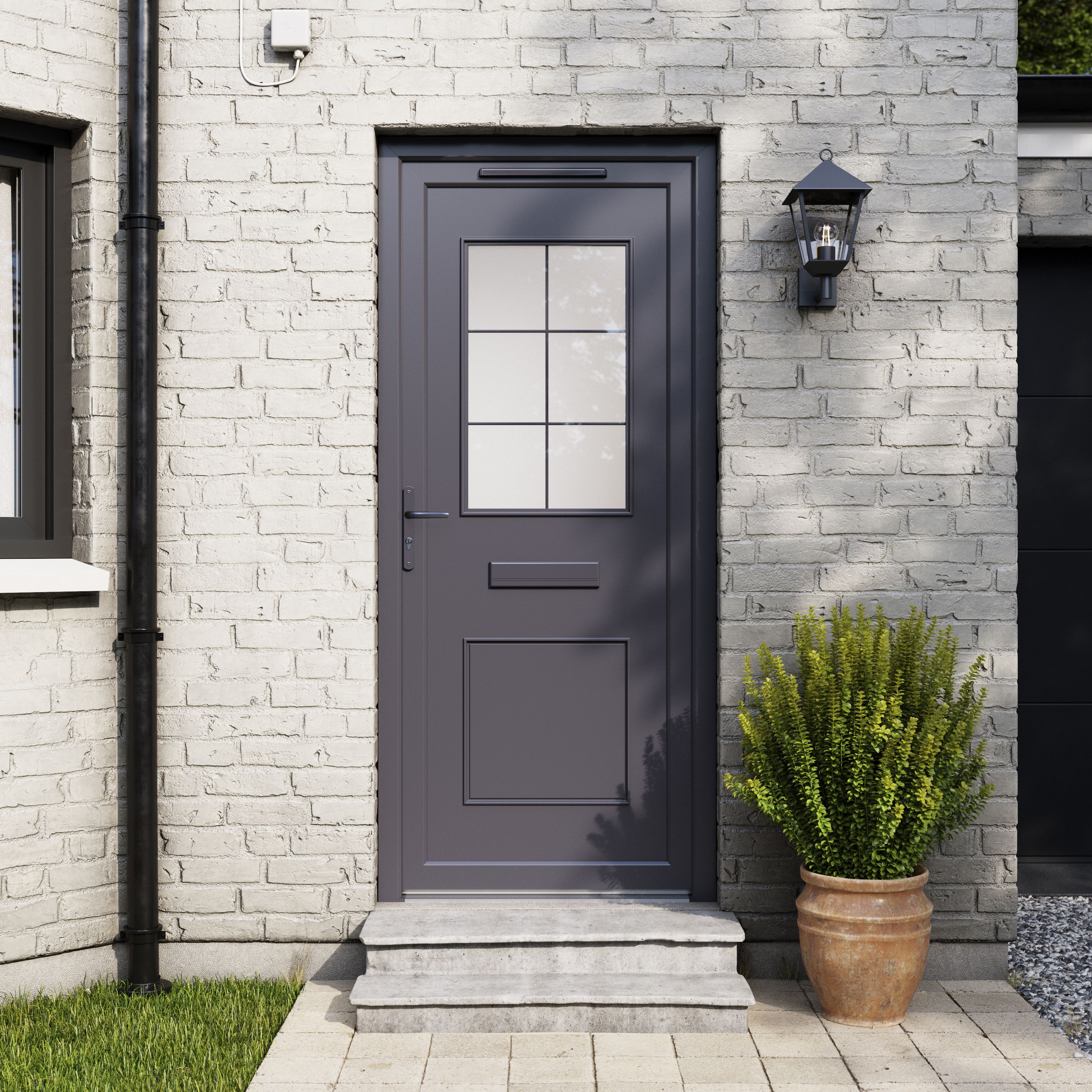 Fortia Mindil Patterned Clear Glazed Modern Anthracite RH External Front Door set, (H)2085mm (W)920mm