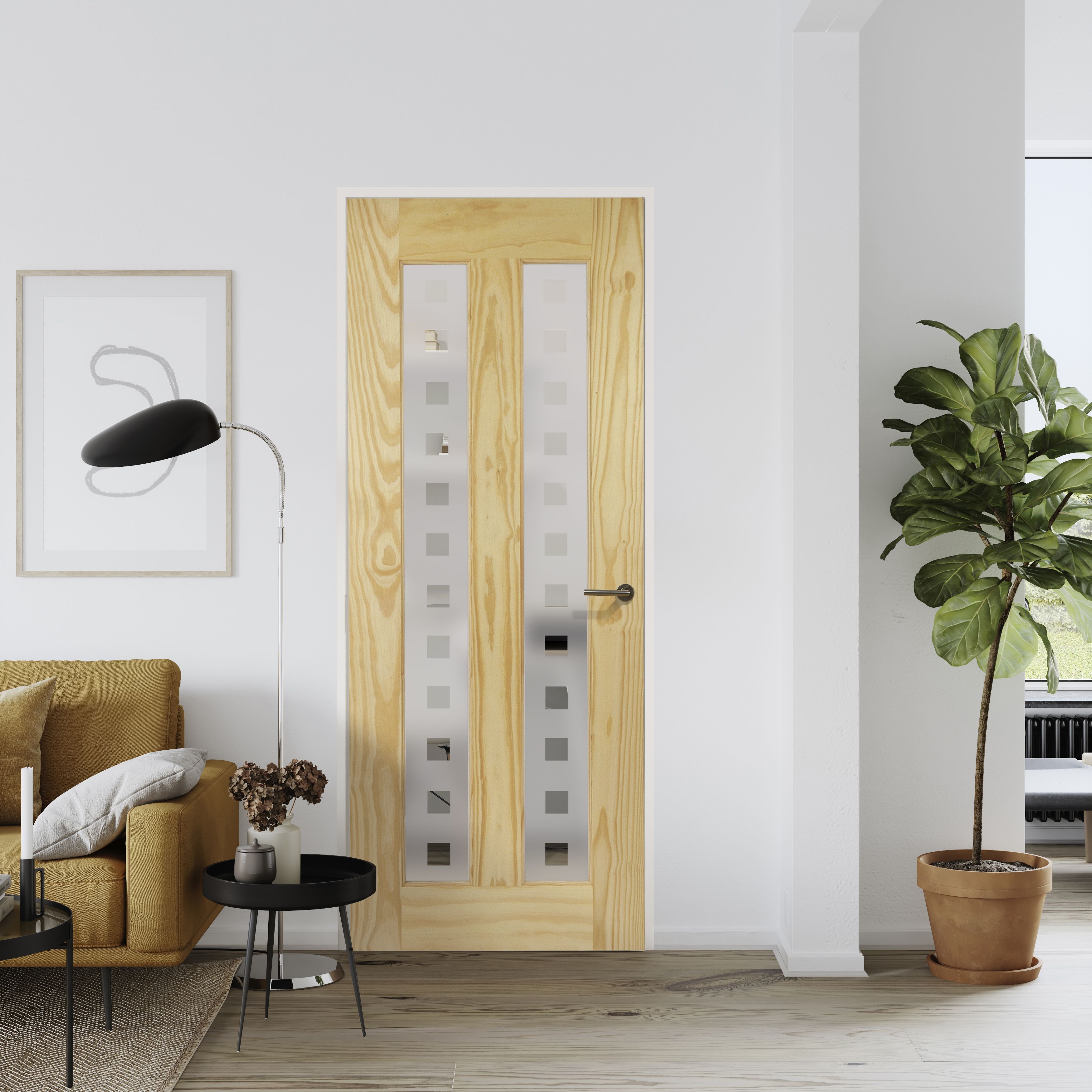Fortia Vertical 0 panel 2 Lite Screen-printed Glazed Contemporary Natural Pine veneer Internal Timber Door, (H)2040mm (W)826mm (T)40mm