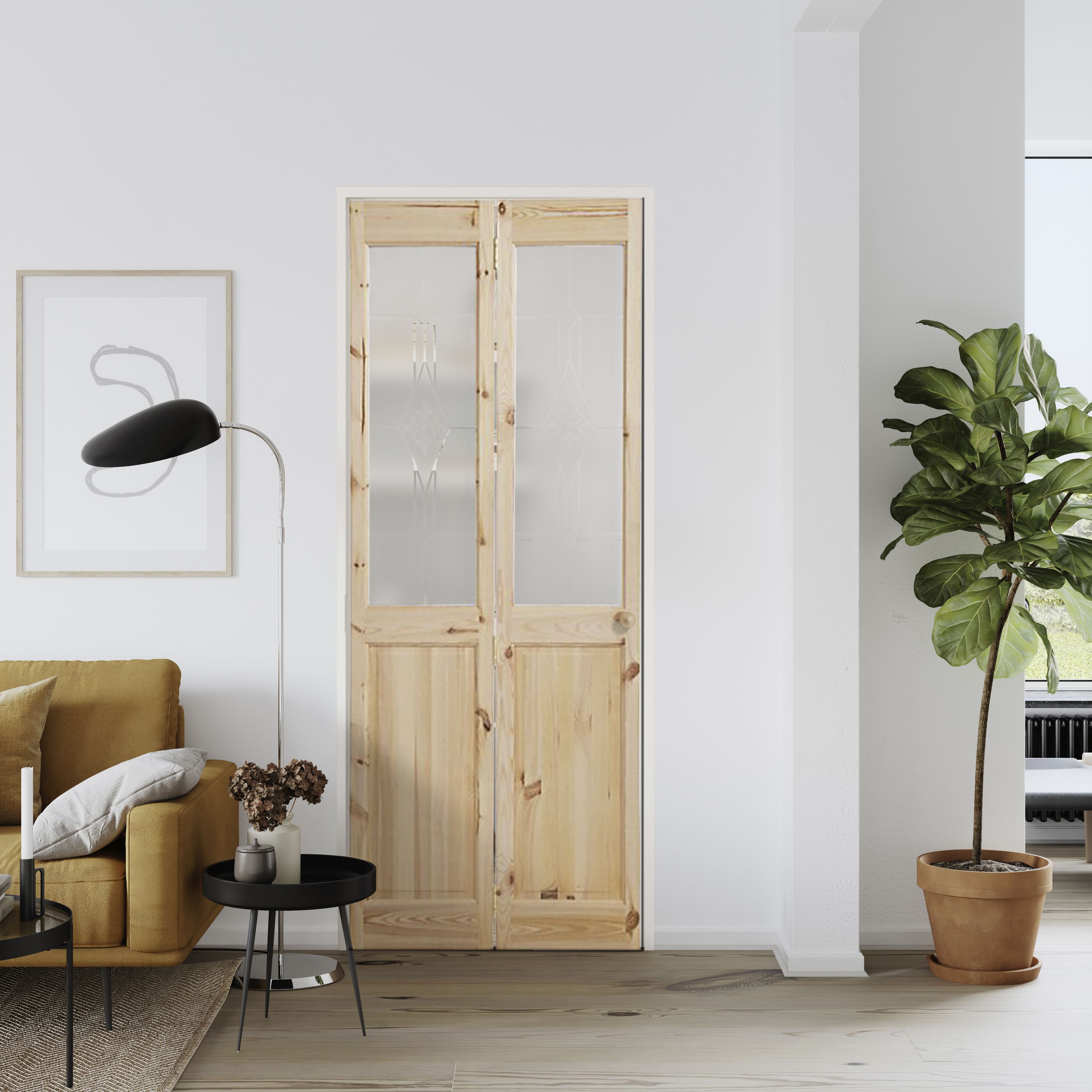 Fortia Vertical 2 panel Decorative Glazed Victorian Unfinished Natural Knotty pine Internal Folding Bi-fold Door set, (H)1946mm (W)675mm