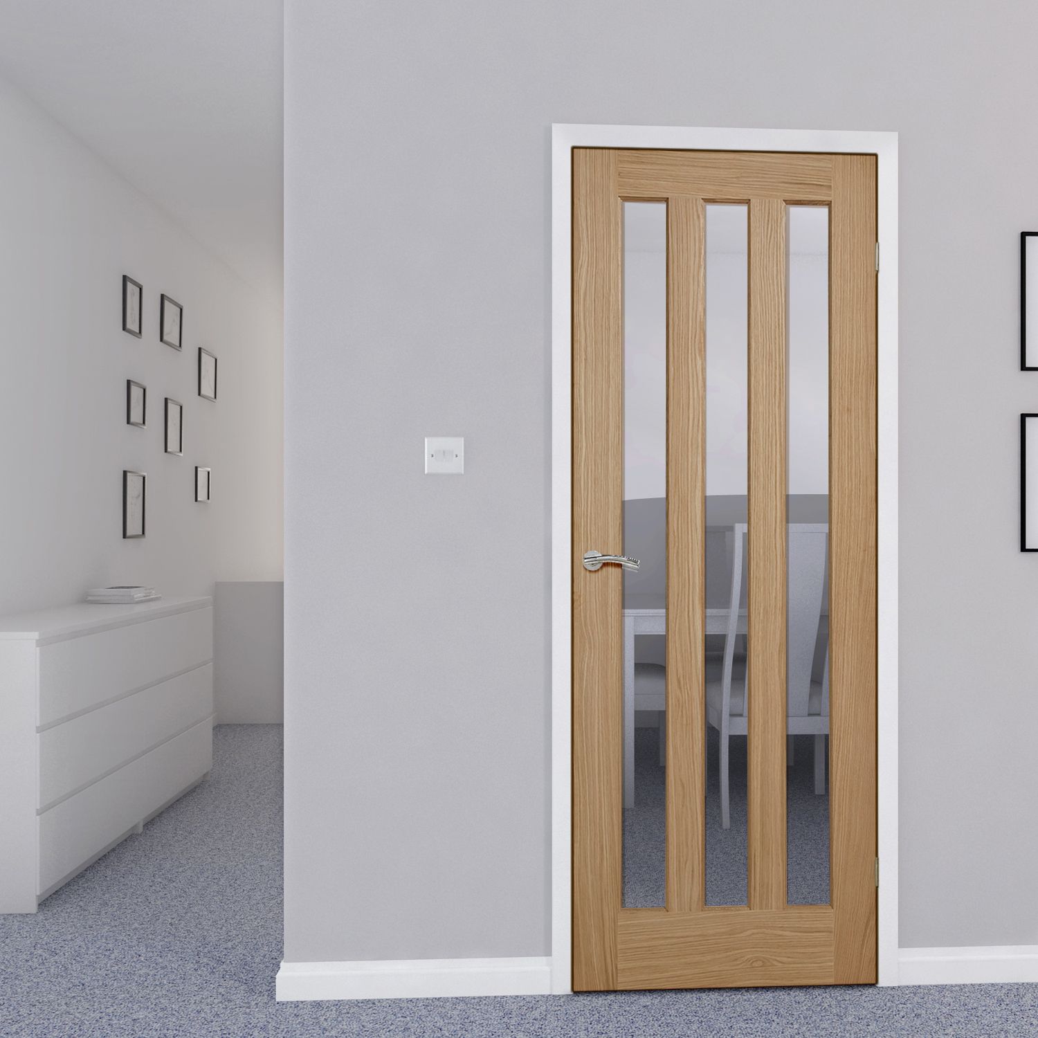 Fortia Vertical 3 Lite Clear Glazed Contemporary Natural Oak veneer Internal Timber Door, (H)1981mm (W)838mm (T)35mm