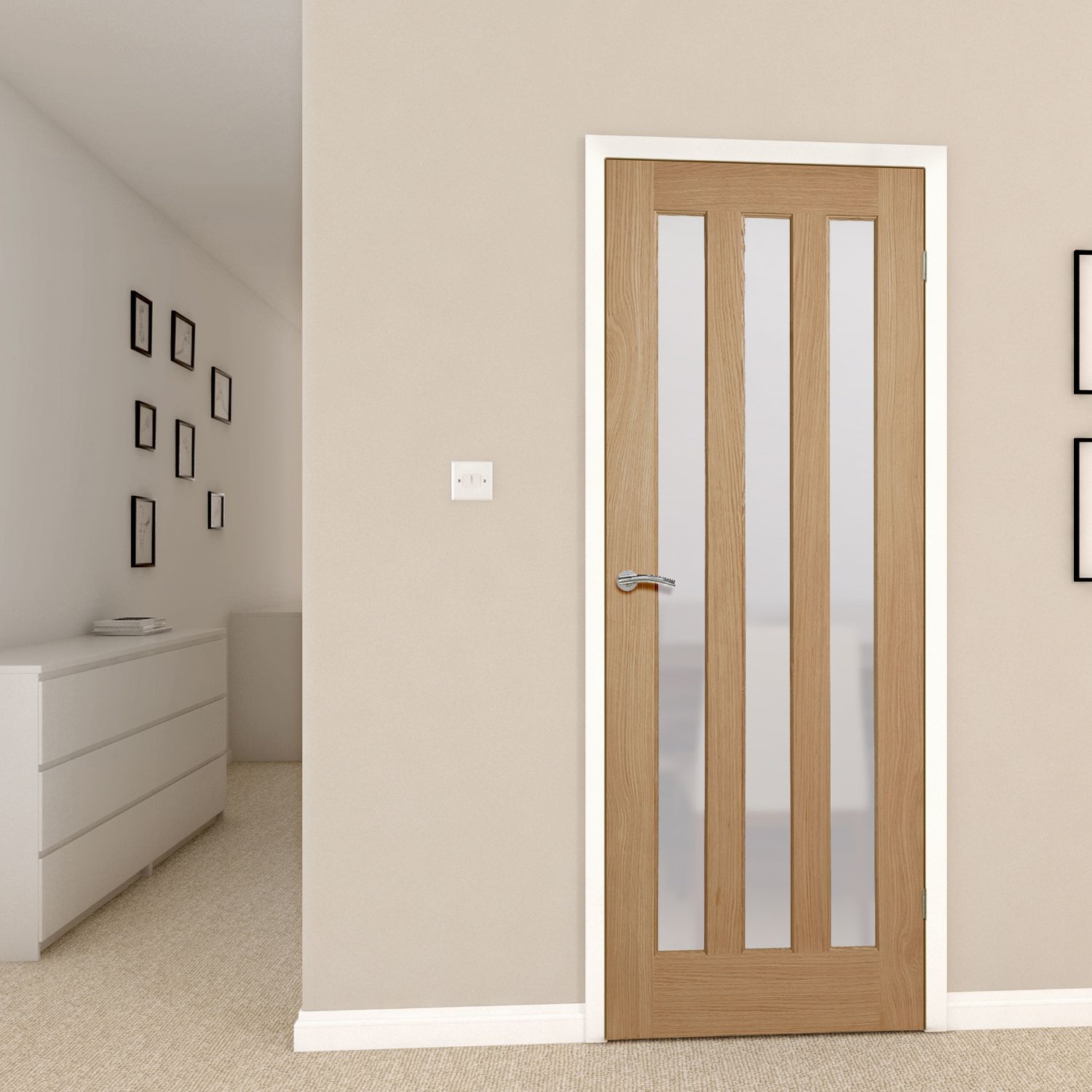 Fortia Vertical 3 Lite Obscure Glazed Contemporary Natural Oak veneer Internal Timber Door, (H)1981mm (W)838mm (T)35mm