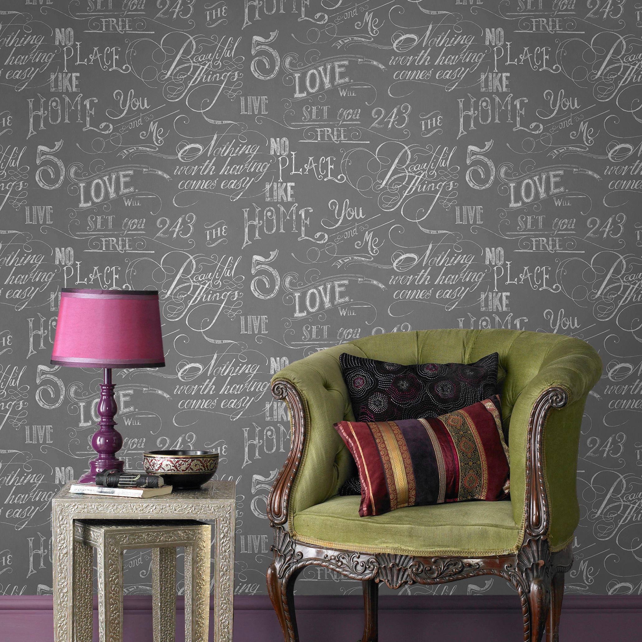 Fresco Chalkboard Grey Calligraphy Smooth Wallpaper