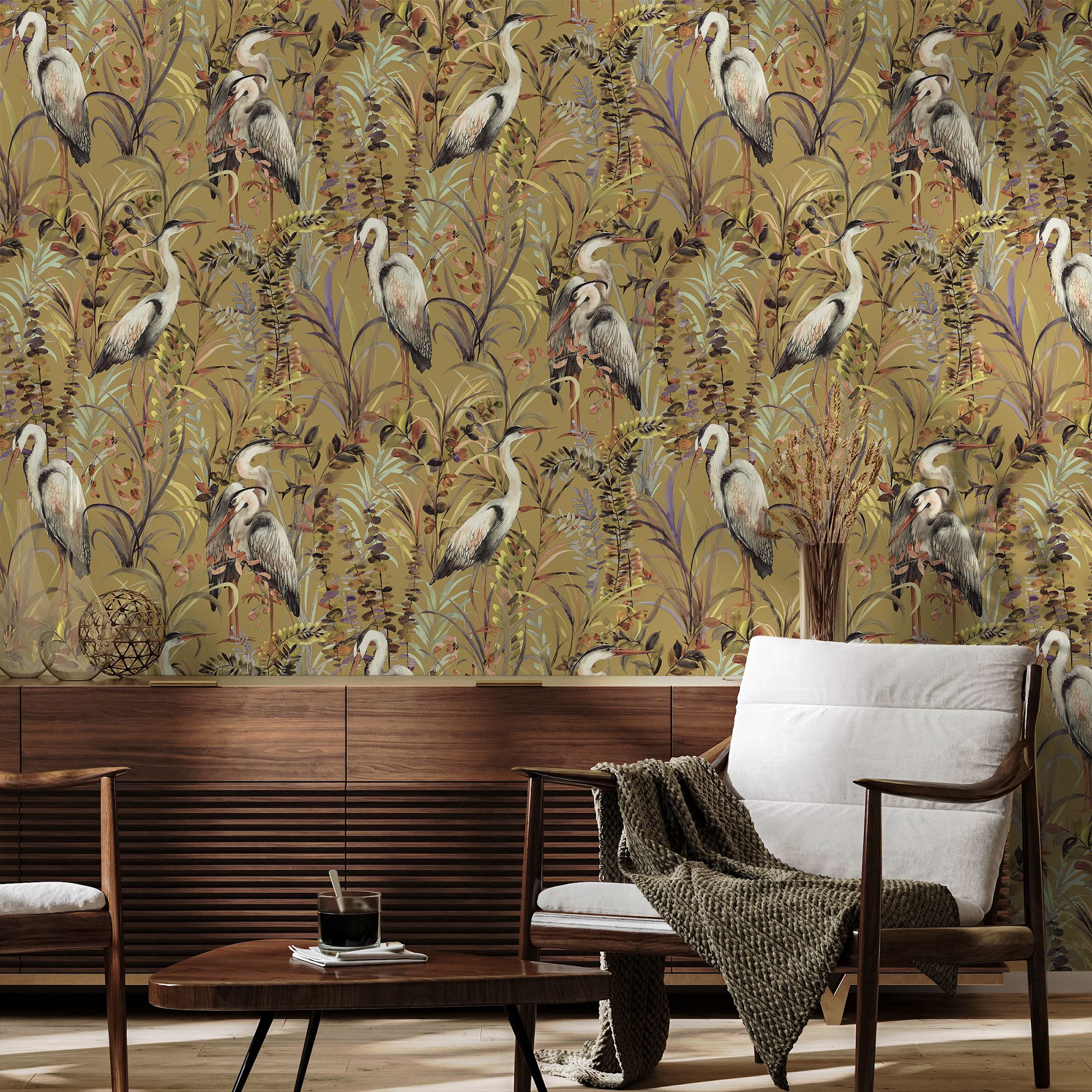 Fresco Gold Heron Smooth Wallpaper