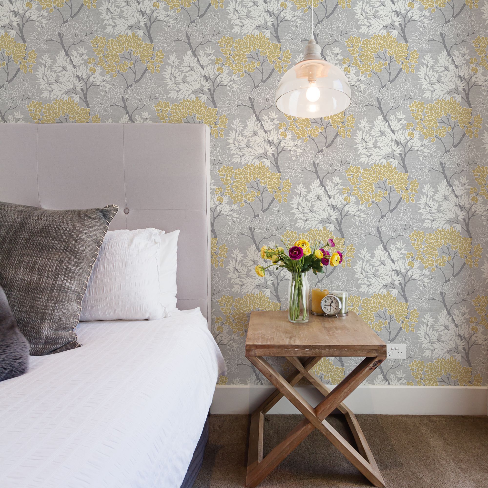 Fresco Lykke Grey & ochre Tree Smooth Wallpaper | DIY at B&Q