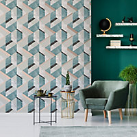 Fresco Marblesque Charcoal, jade & white Geometric Rose gold effect Smooth Wallpaper