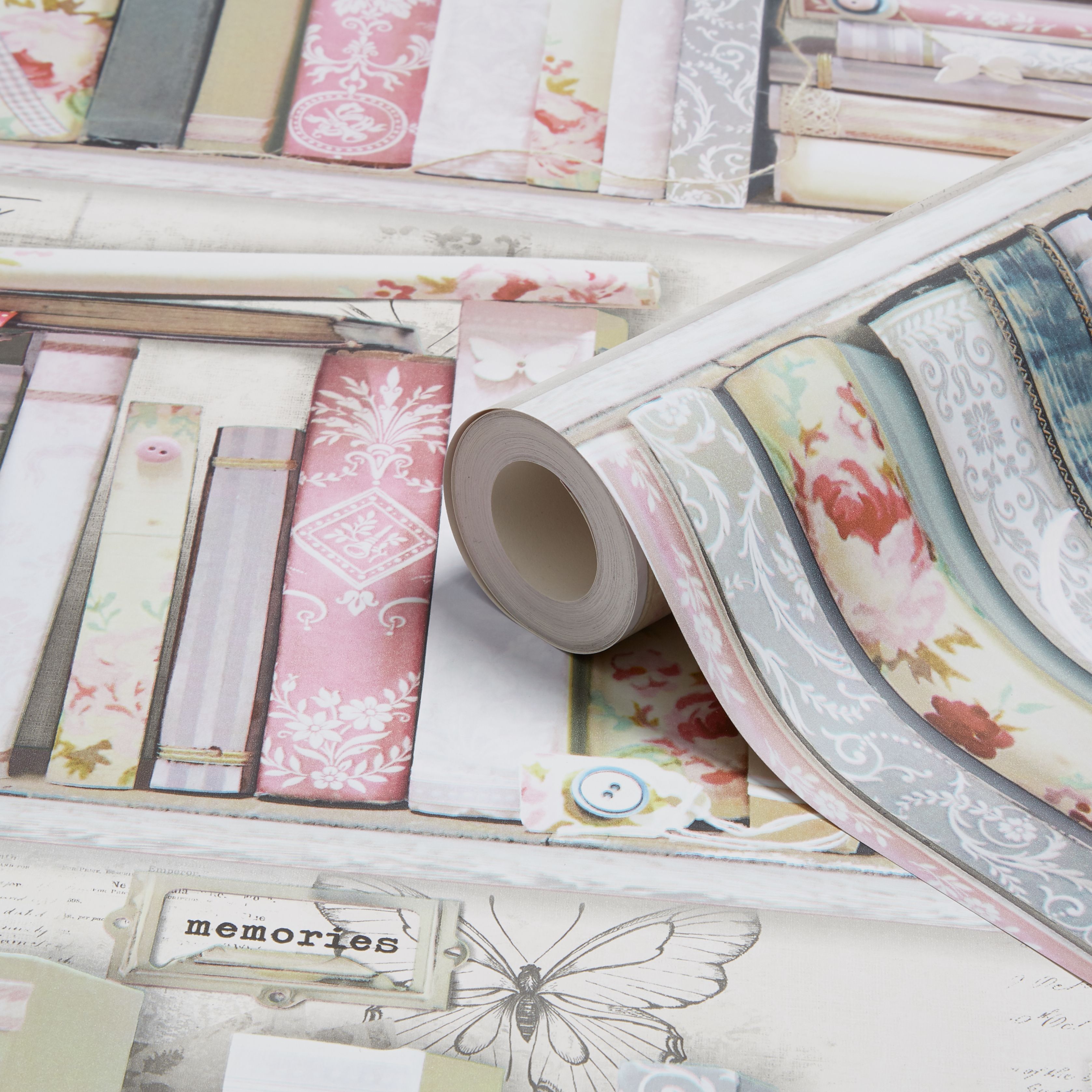Fresco Pink Collage bookcase Smooth Wallpaper DIY at B&Q