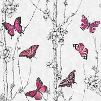 Fresco Pink & white Butterfly Smooth Wallpaper
