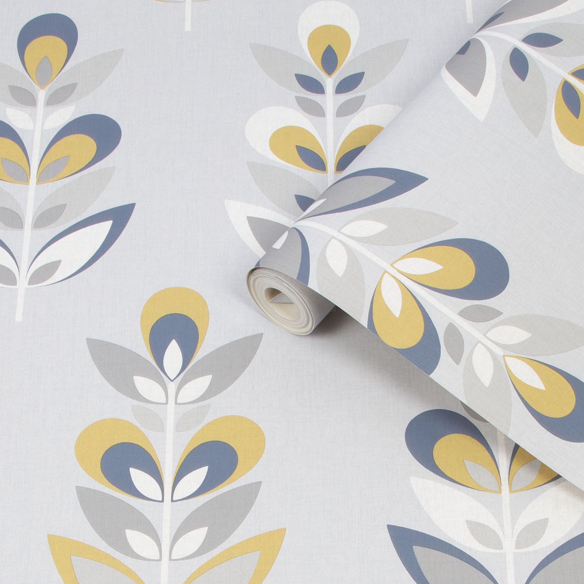 Fresco Retro Grey & navy Floral Smooth Wallpaper DIY at B&Q
