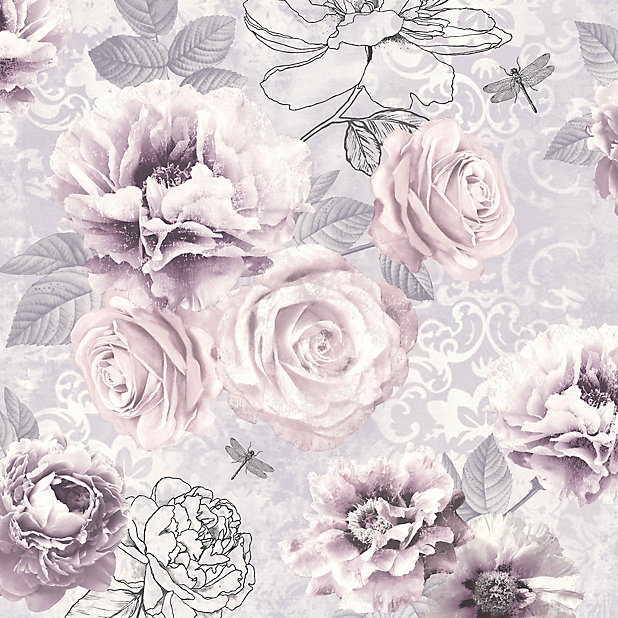 Fresco Romantic ink Grey, pink & purple Floral Wallpaper | DIY at B&Q