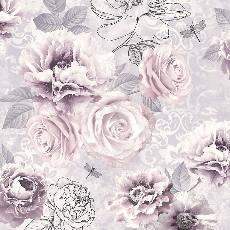 Fresco Romantic ink Grey, pink & purple Floral Wallpaper | DIY at B&Q