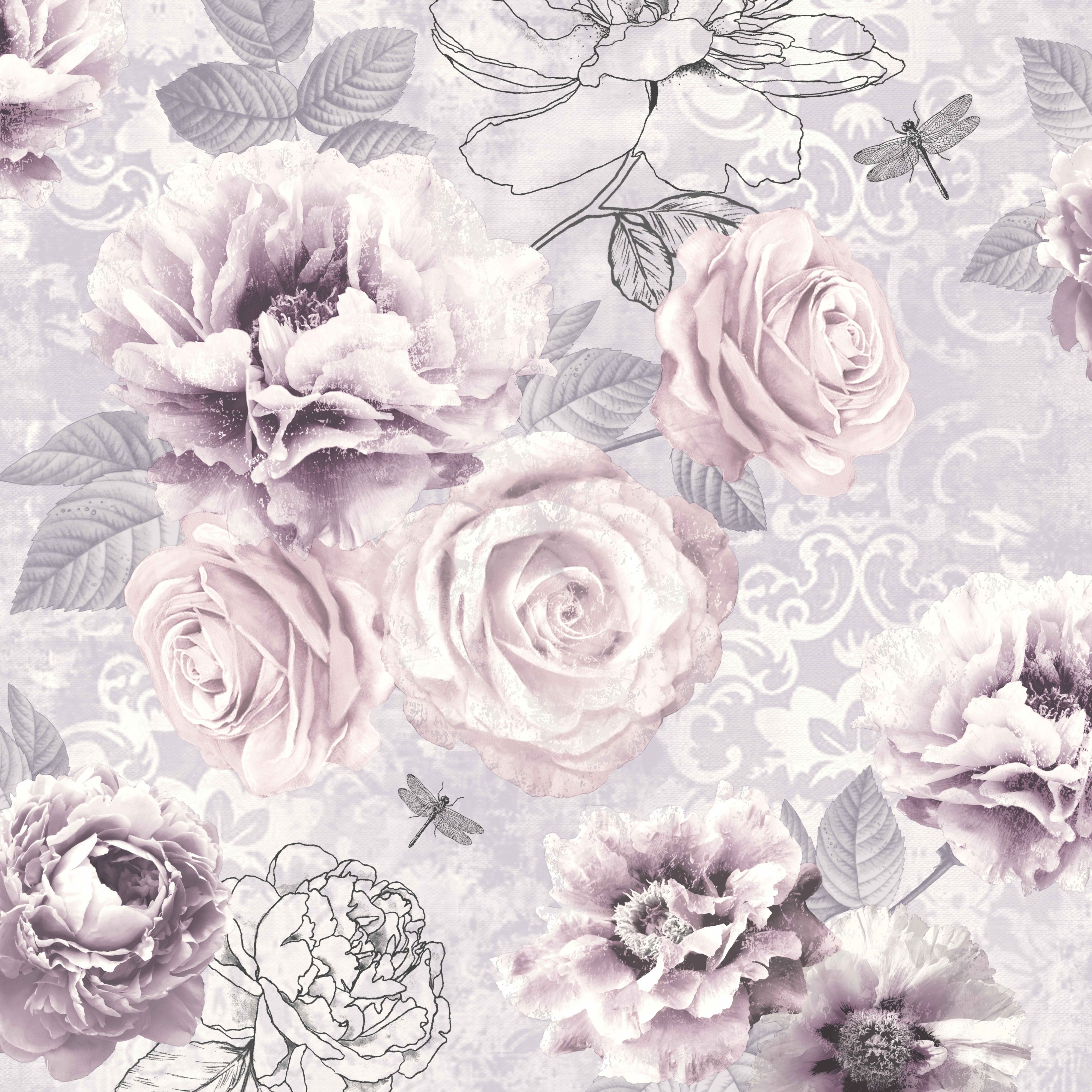 Fresco Romantic ink Grey, pink & purple Floral Wallpaper