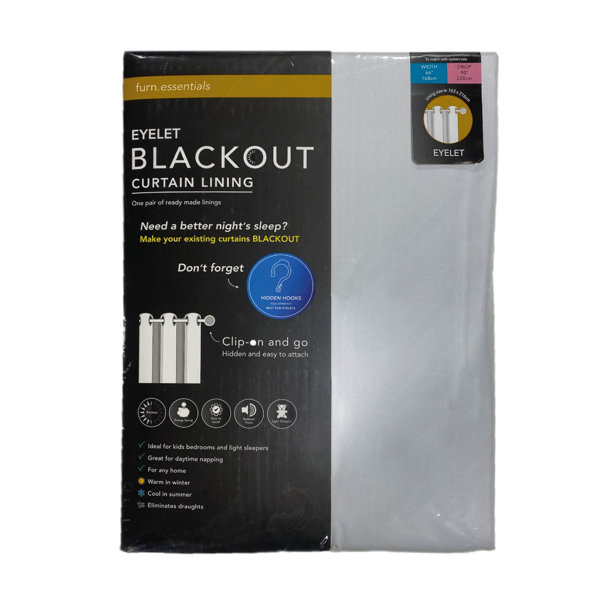 furn. Blackout Eyelet Curtain lining Pair, (L) 112cm x (W) 124cm