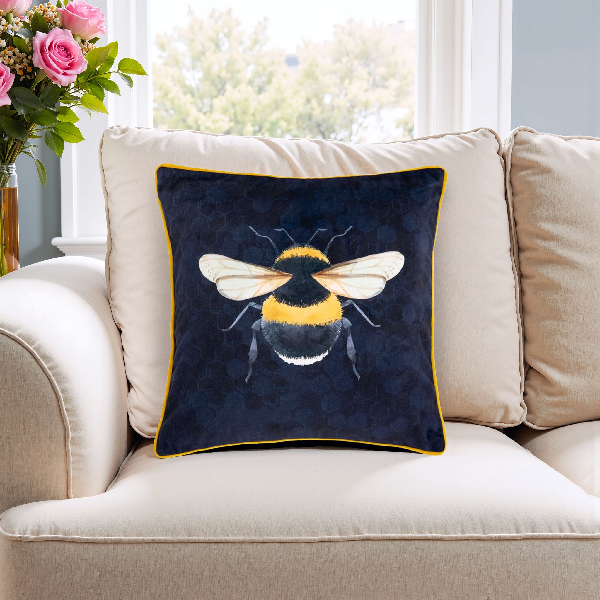 Gallery™ Navy Yellow Bee Print effect Indoor Cushion, (L)45cm x