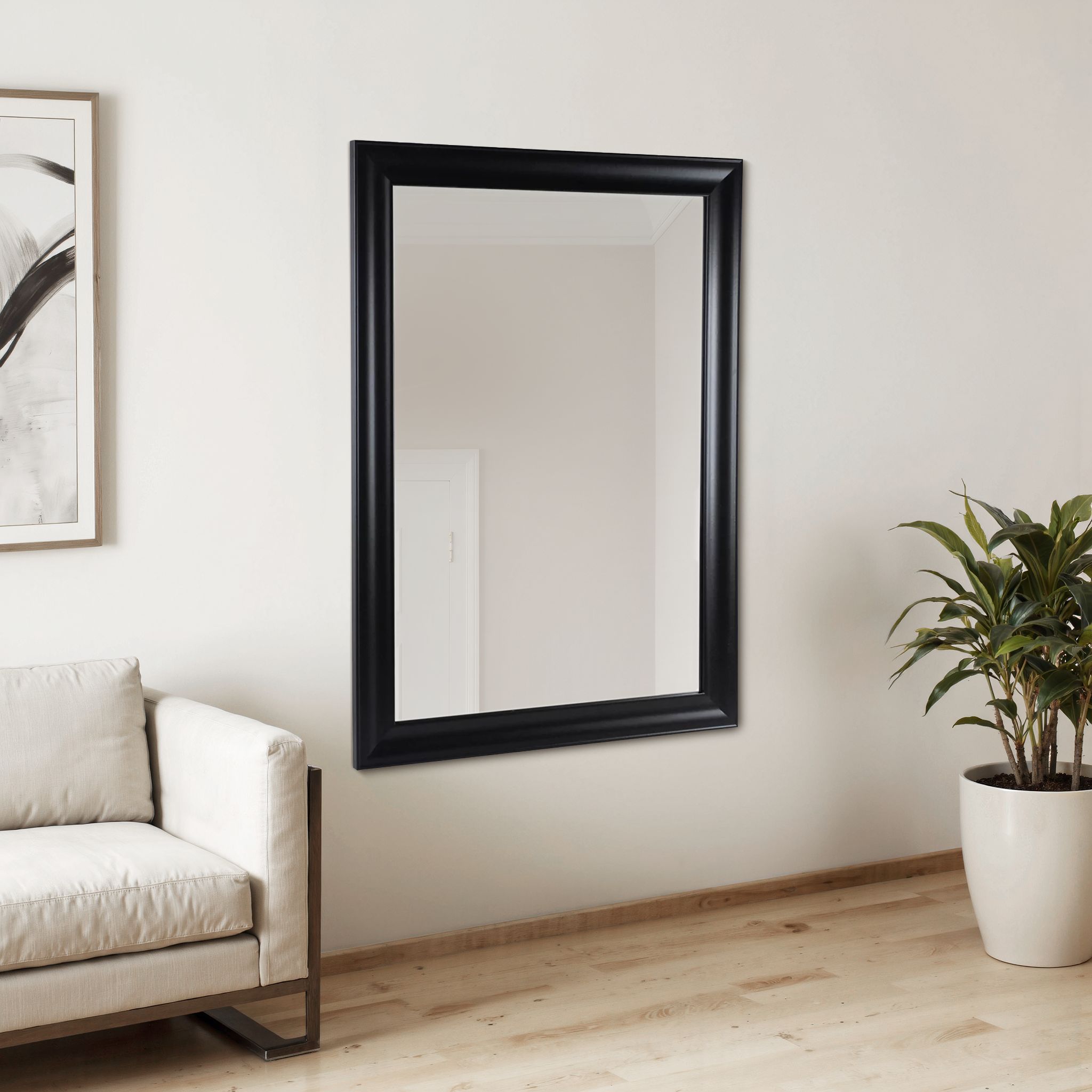 Ganji Black Curved Rectangular Wall-mounted Framed Mirror, (H)103cm (W)73cm