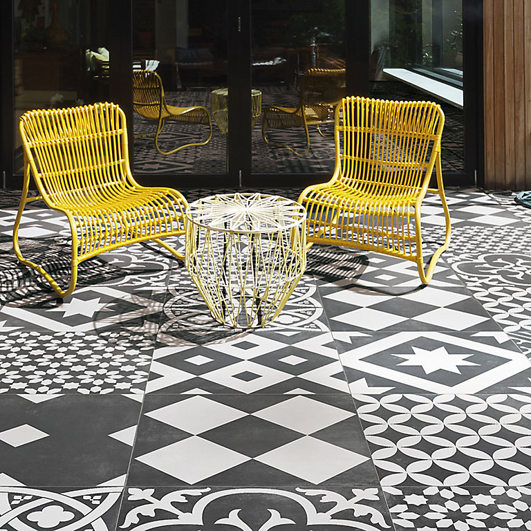 Gatsby Black & white Matt Patterned Porcelain Outdoor Floor tile, (L