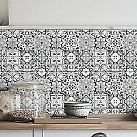 Geo Black & white Gloss Moroccan Glass Mosaic tile, (L)300mm (W)300mm