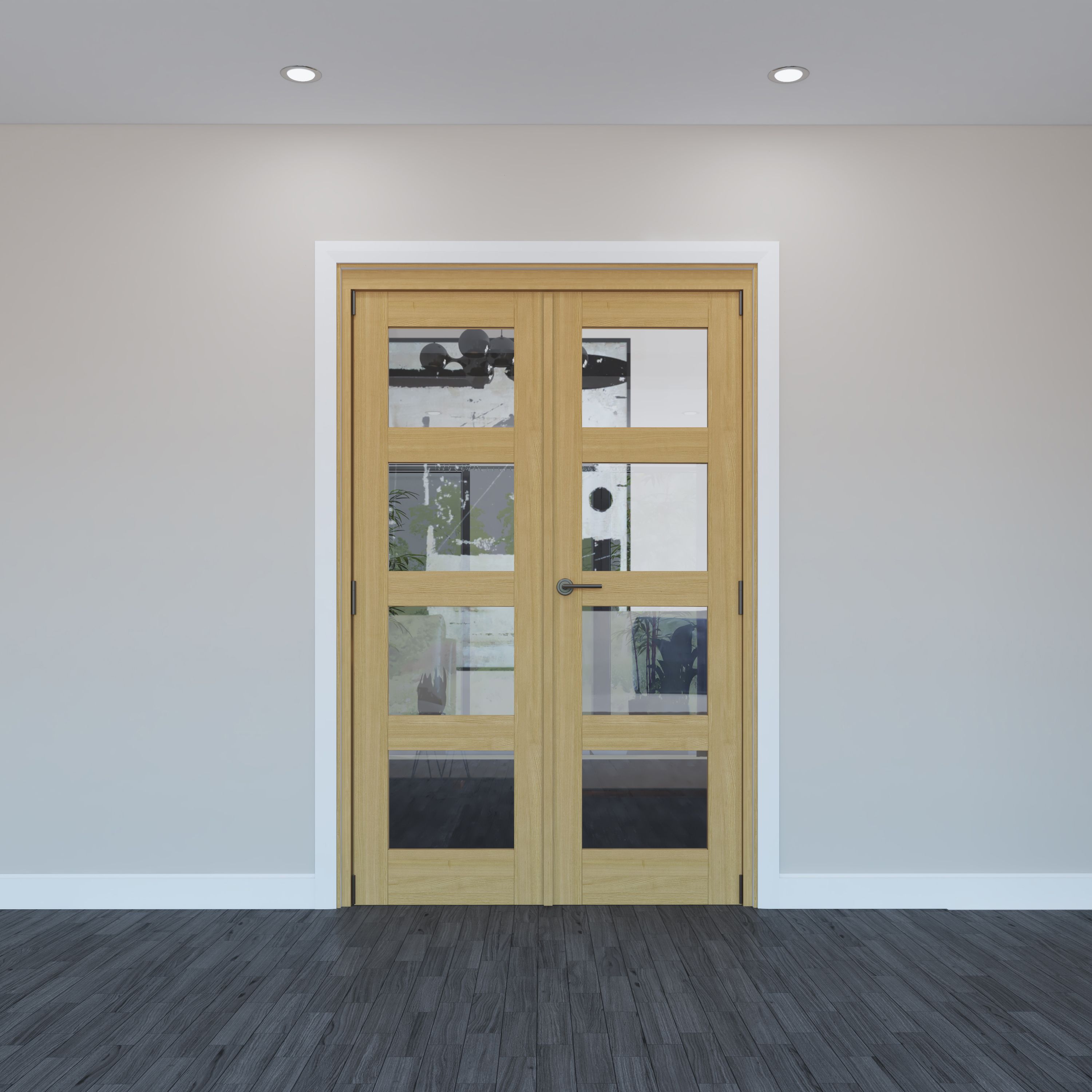 Geom 4 Lite Clear Glazed Oak French Door set with 4 panes, (H)2017mm (W)1445mm