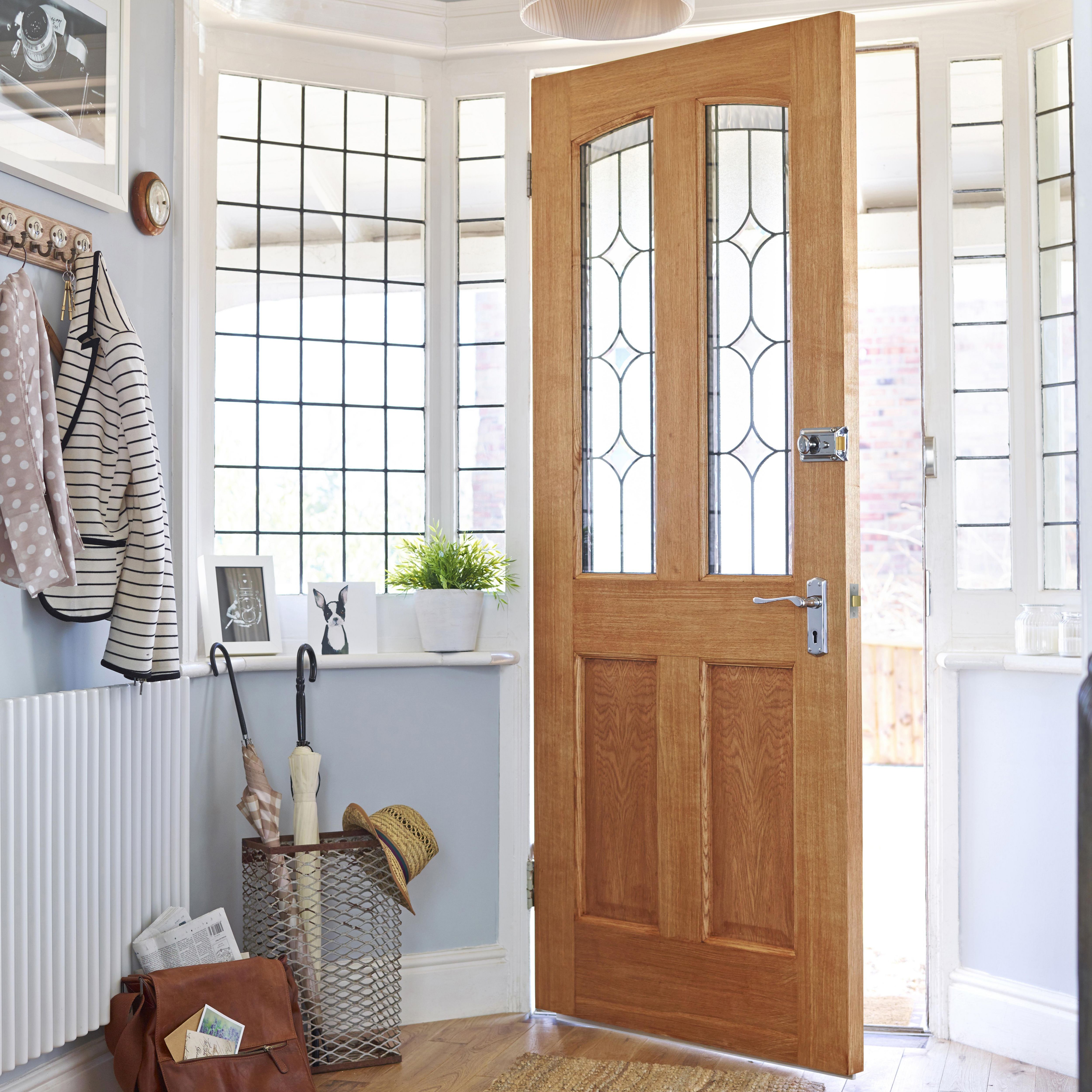 Geom 4 panel Diamond bevel Glazed Wooden White oak veneer External Front door, (H)1981mm (W)762mm