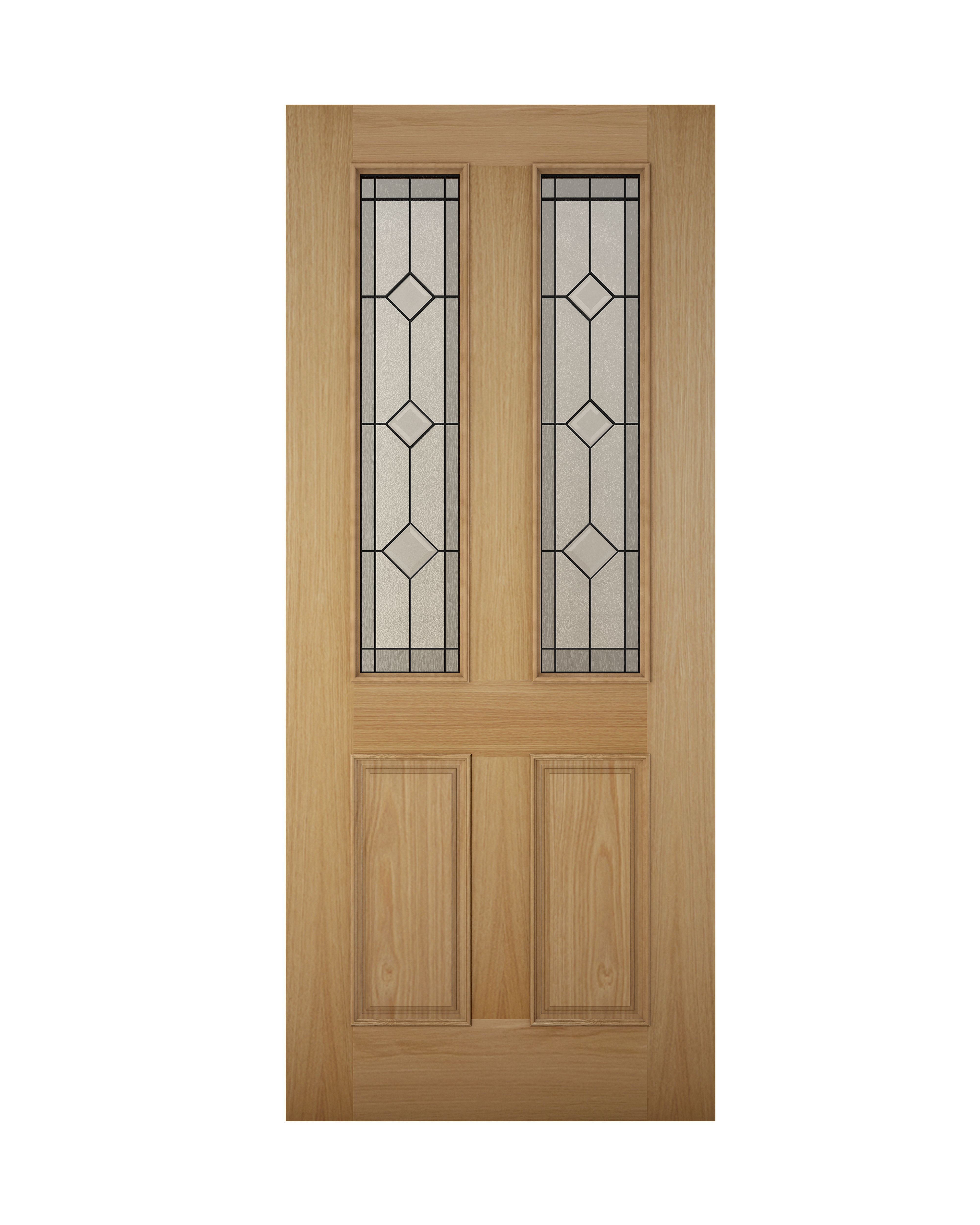 Geom 4 panel Diamond bevel Leaded Glazed Wooden White oak veneer External Front door, (H)1981mm (W)762mm