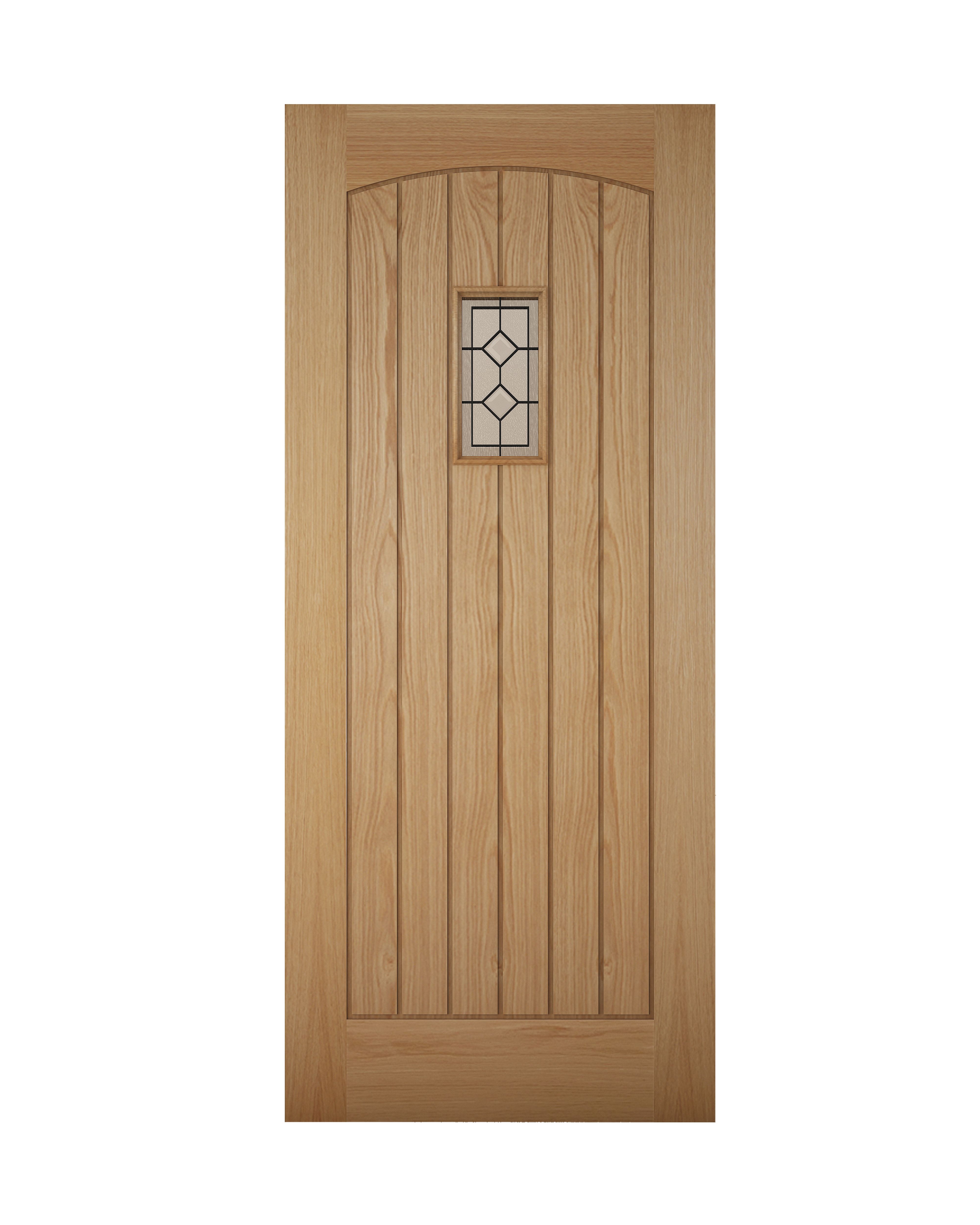 Geom Diamond bevel Leaded Glazed Cottage Wooden White oak veneer External Front door, (H)1981mm (W)762mm