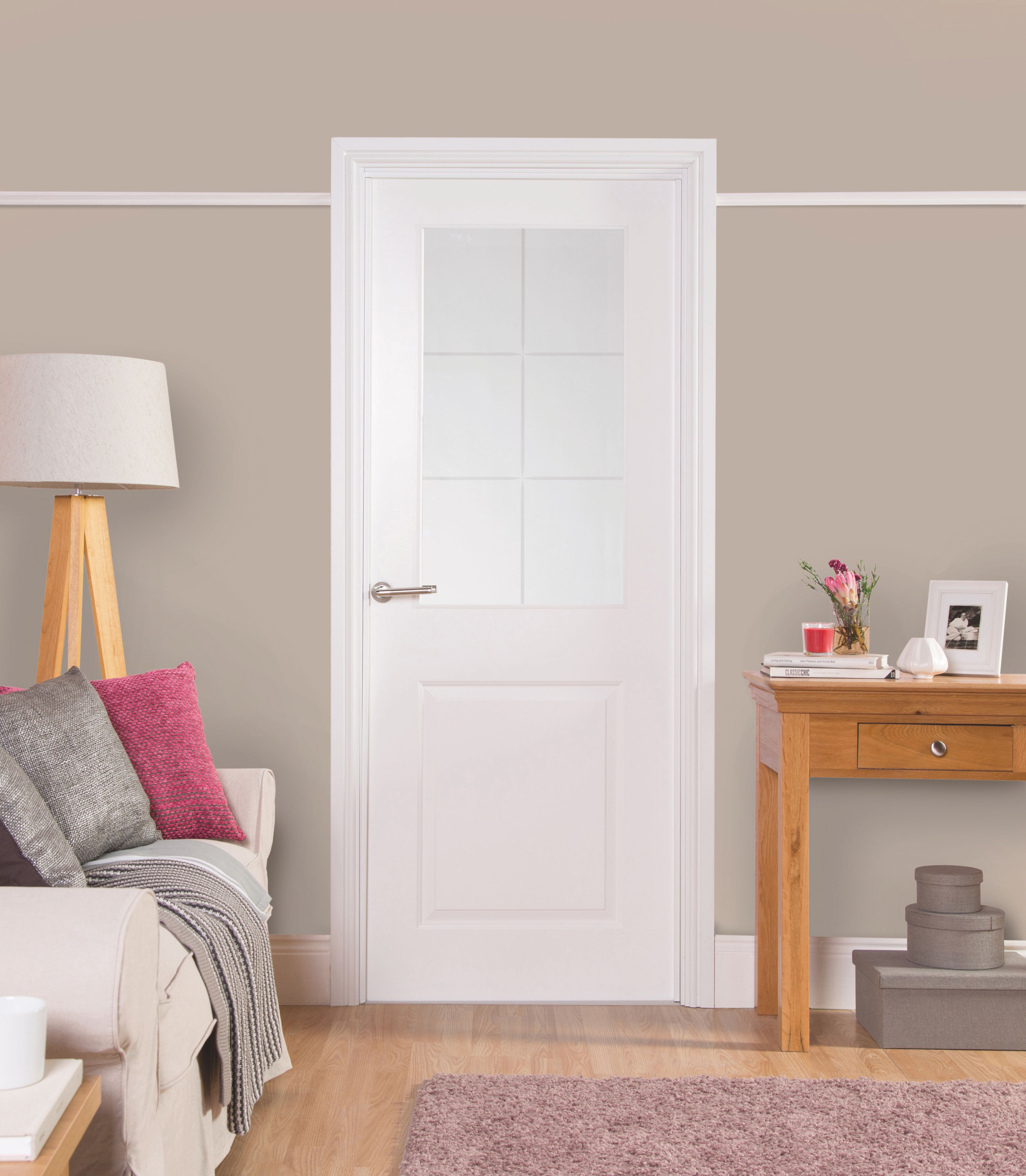 Geom Painted 2 panel Clear Glazed Contemporary White Internal Door, (H)1981mm (W)762mm (T)35mm